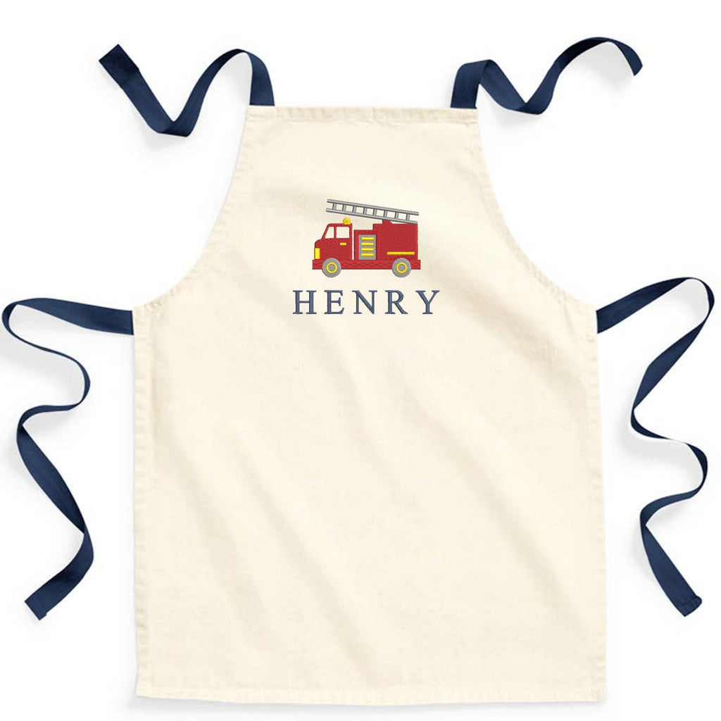 Embroidered Boys Personalised Name Fire Engine Truck Craft Apron Fairtrade Cotton Kitchen Baking Gift