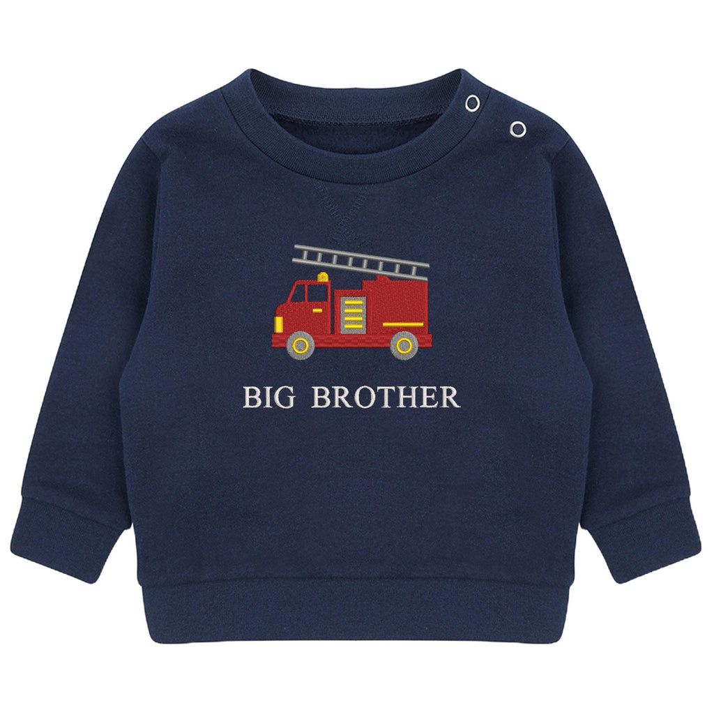 Embroidered Fire Engine Truck Big & Little Brother Boys Sustainable Sweatshirts Navy Toddler Kids New Matching Siblings
