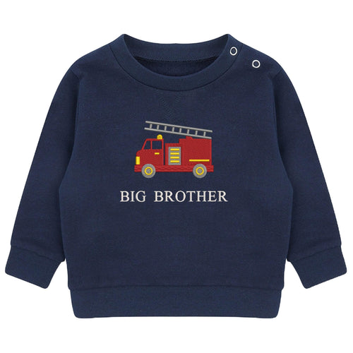 Embroidered Fire Engine Truck Big & Little Brother Boys Sustainable Sweatshirts Navy Toddler Kids New Matching Siblings