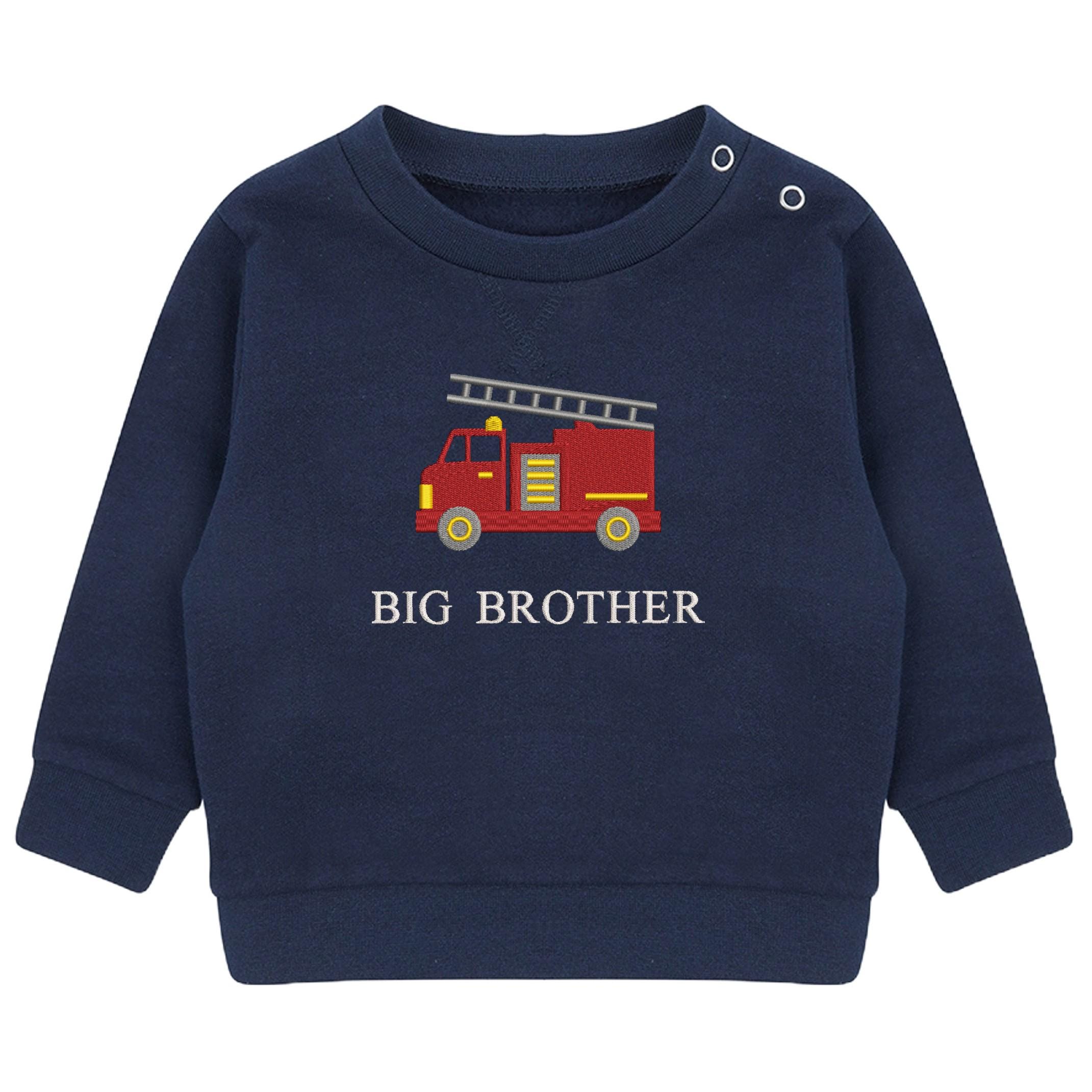 Embroidered Fire Engine Truck Big & Little Brother Boys Sustainable Sweatshirts Navy Toddler Kids New Matching Siblings