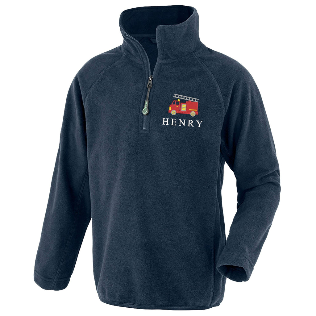 Embroidered Fire Engine Truck Personalised Name Boys Recycled Fleece Top Navy Kids Custom Text Coat
