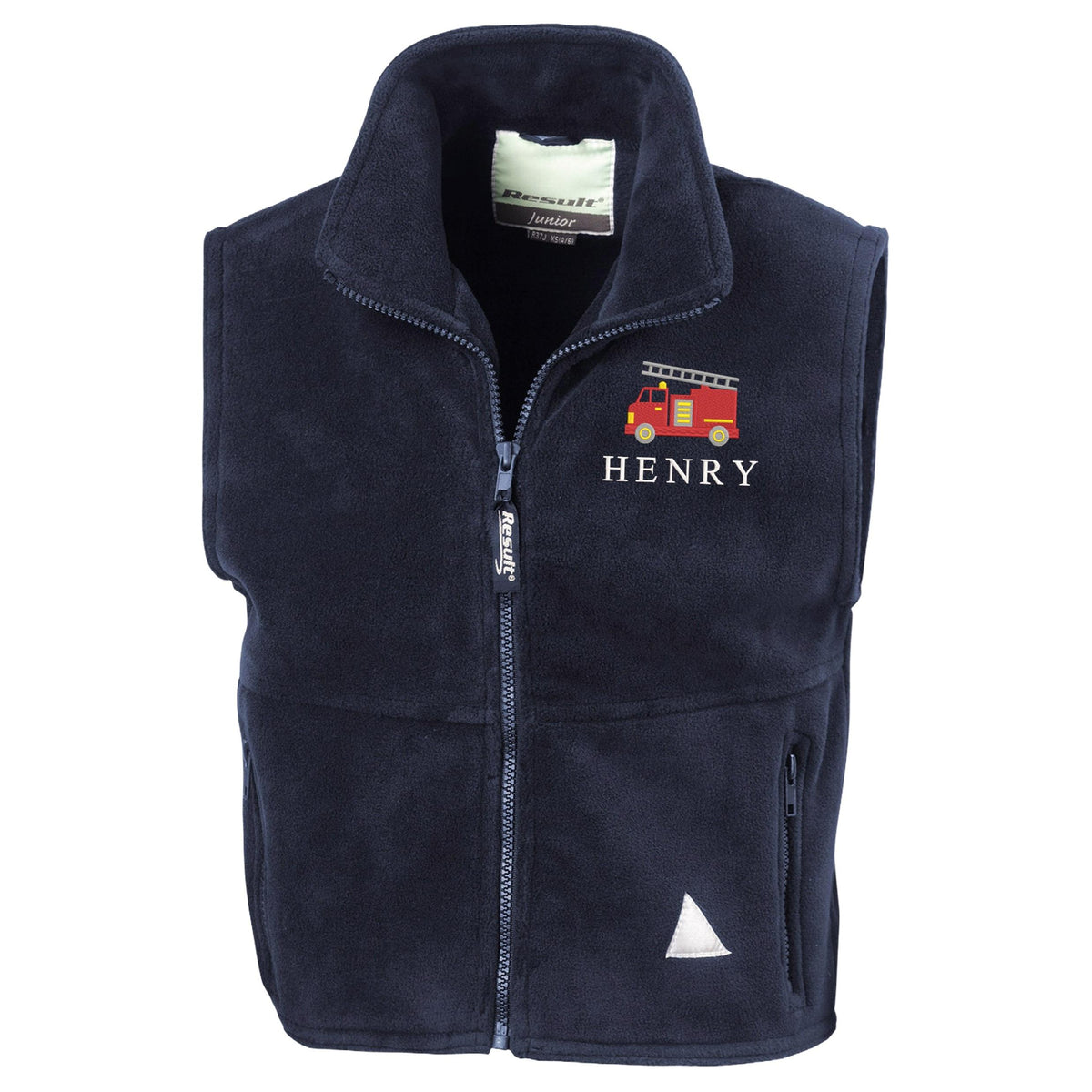 Embroidered Fire Engine Truck Personalised Name Boys Fleece Bodywarmer Navy Kids Custom Text Jacket Coat