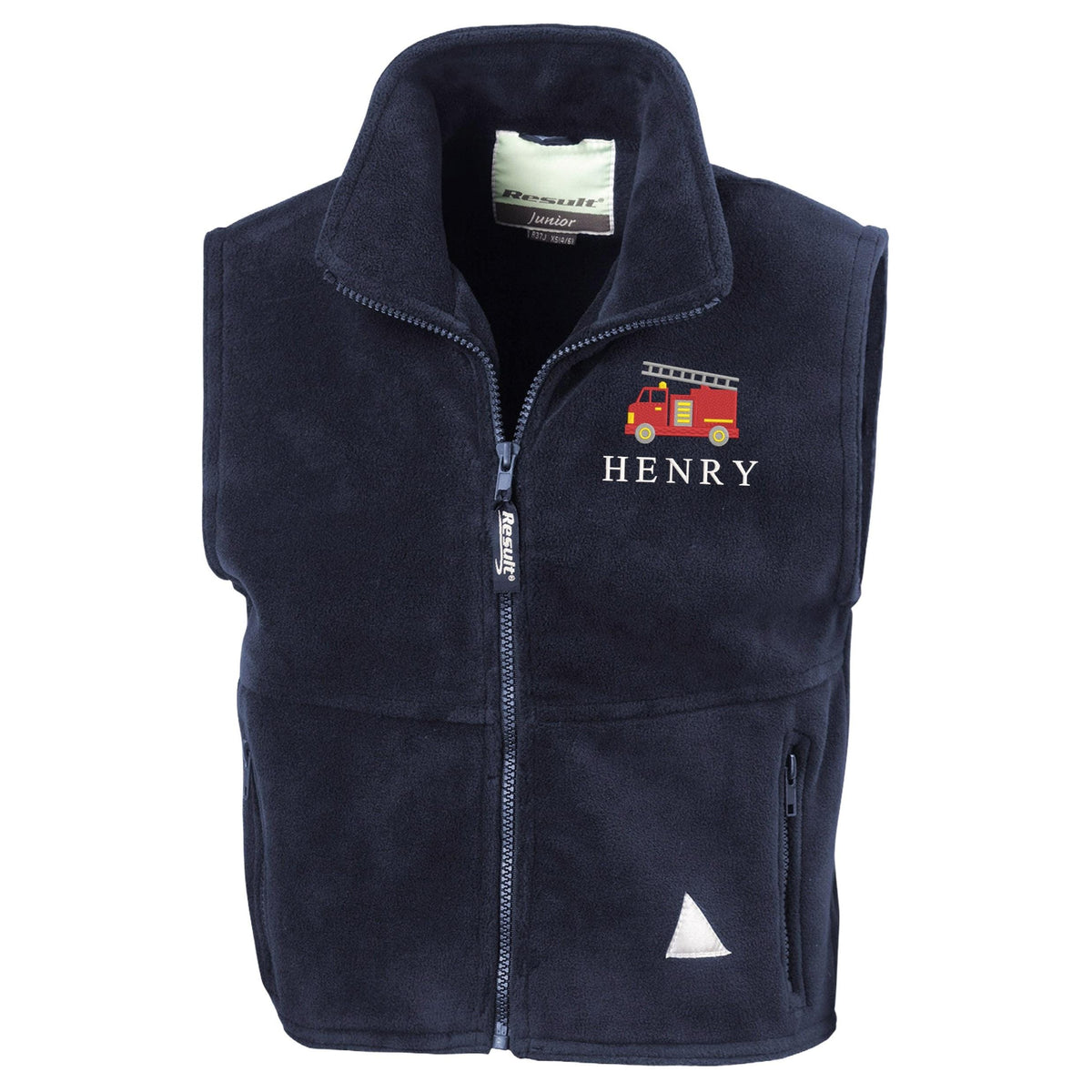 Embroidered Fire Engine Truck Personalised Name Boys Fleece Bodywarmer Navy Kids Custom Text Jacket Coat