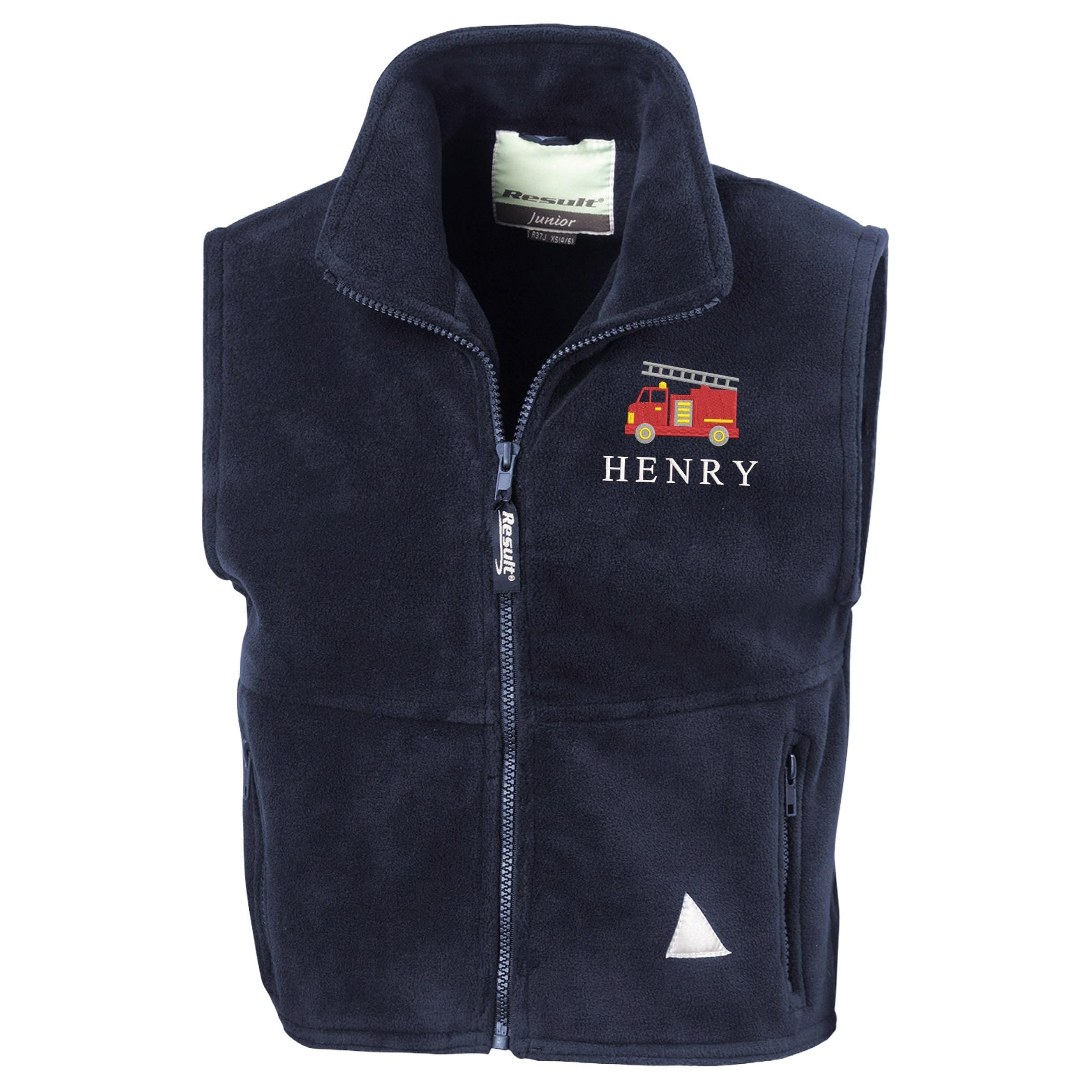 Embroidered Fire Engine Truck Personalised Name Boys Fleece Bodywarmer Navy Kids Custom Text Jacket Coat
