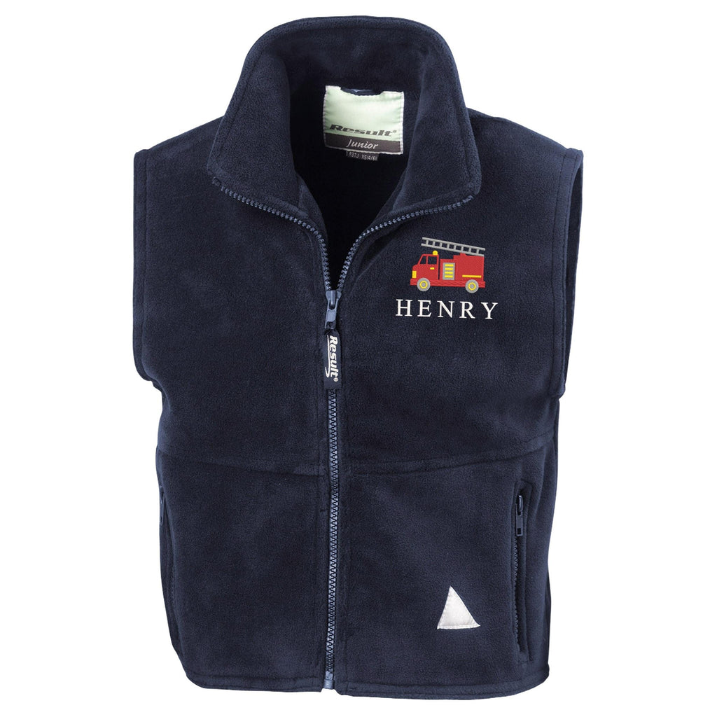 Embroidered Fire Engine Truck Personalised Name Boys Fleece Bodywarmer Navy Kids Custom Text Jacket Coat