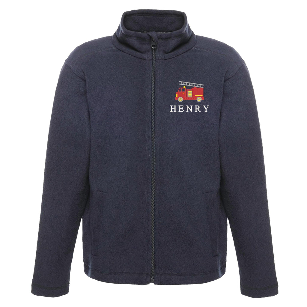 Embroidered Regatta Kids Personalised Name Fire Engine Truck Boys Fleece Jacket Navy Custom Text Coat