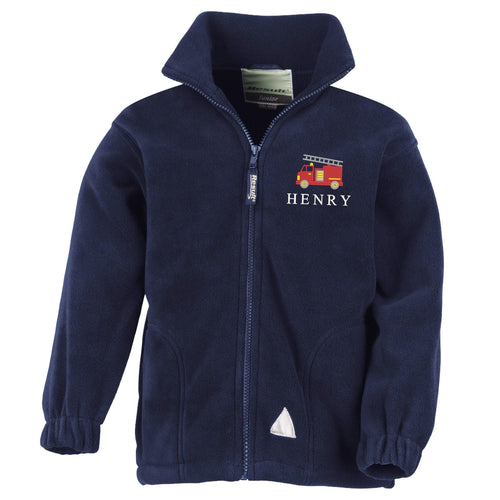 Embroidered Fire Engine Truck Personalised Name Boys Fleece Jacket Navy Kids Custom Text Coat