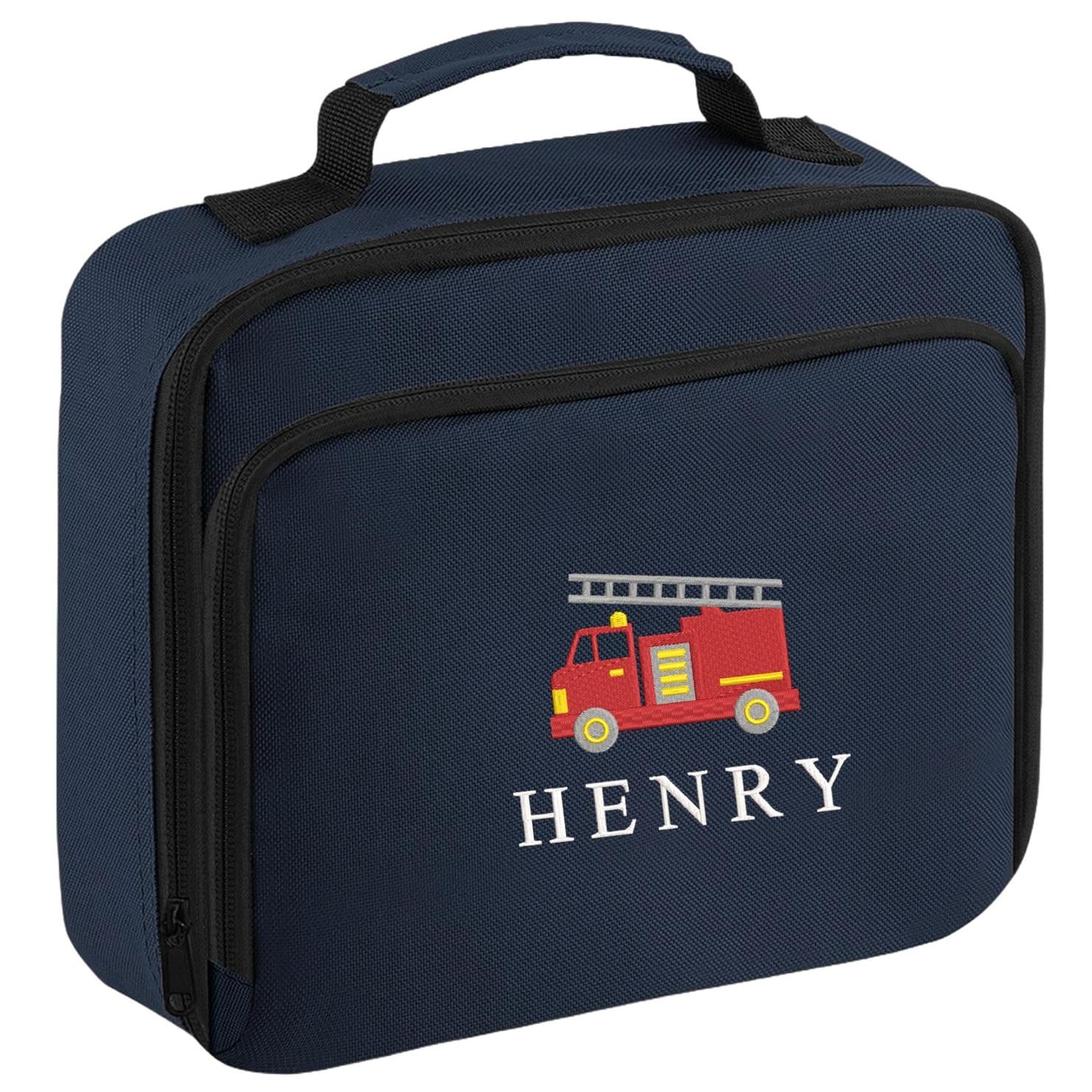 Embroidered Boys Personalised Fire Engine Truck Name Lunch Cool Bag Box Custom Text School Nursery