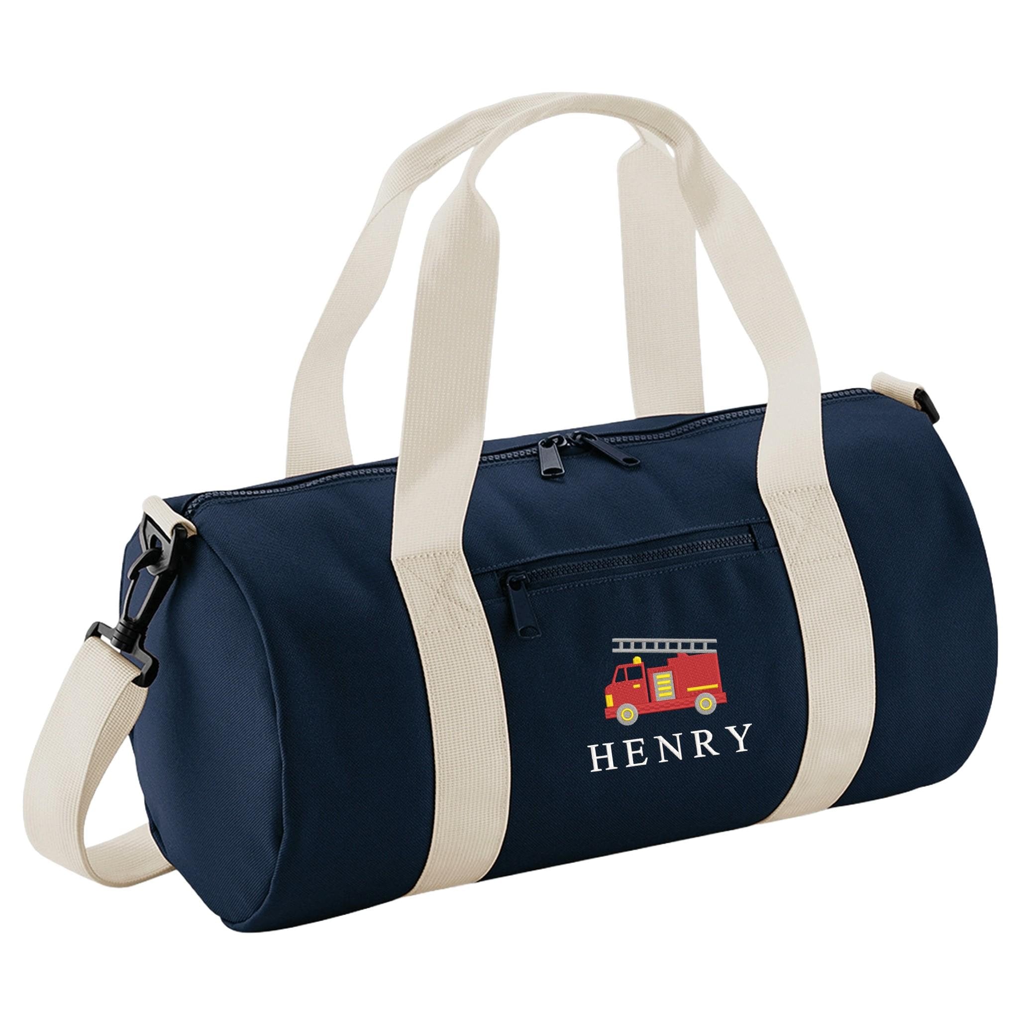Embroidered Kids Fire Engine Truck Personalised Name Mini Barrel Bag Boys Custom School Nursery Holdall Bag