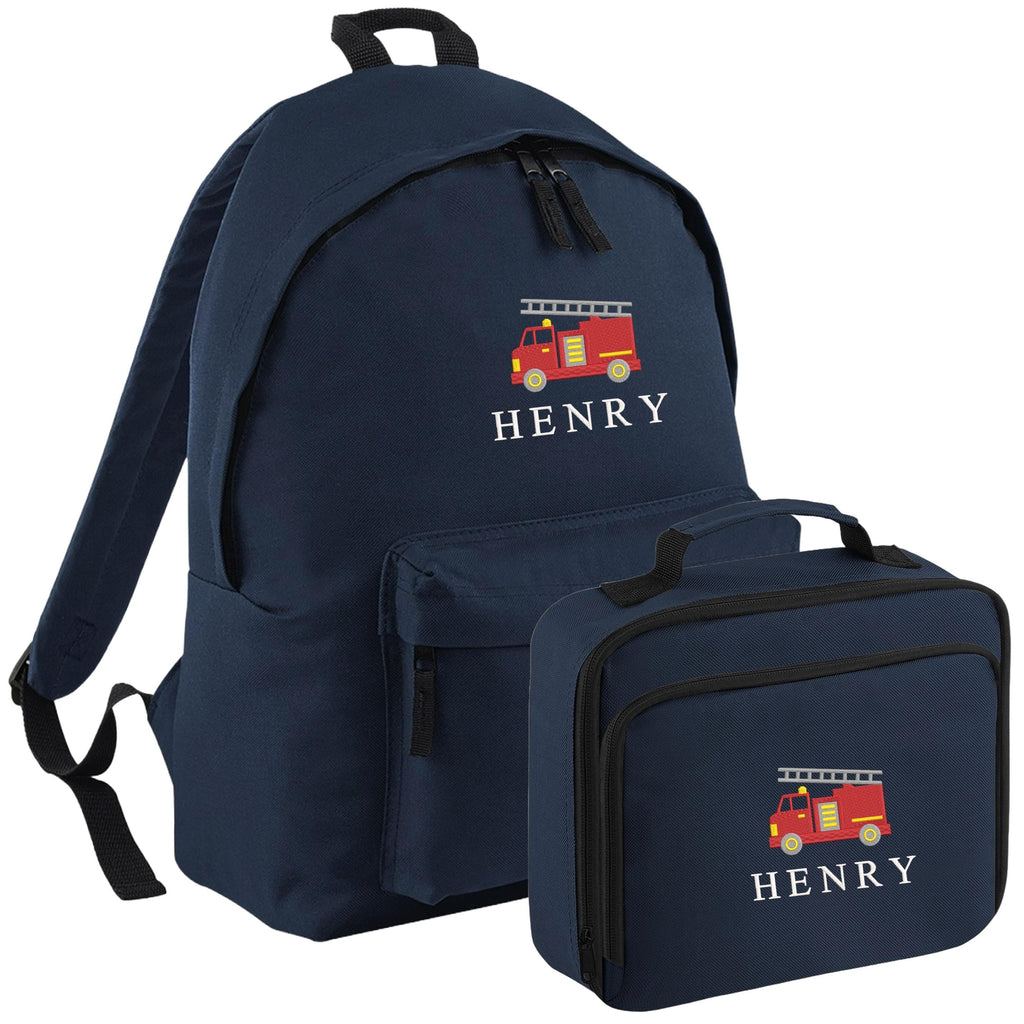 Embroidered Fire Engine Truck Kids Personalised Name Backpack & Lunch Bag Set Boys Navy Custom School Rucksack Nursery Bag