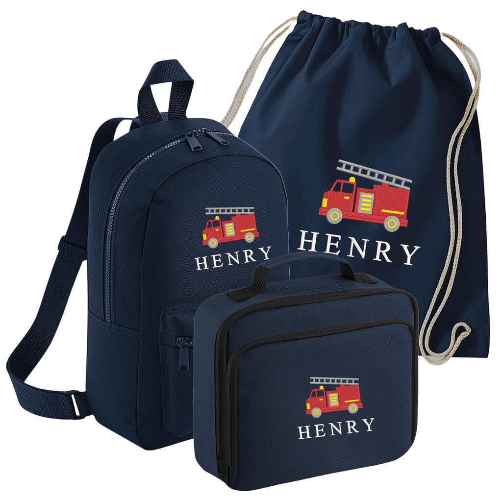 Embroidered Fire Engine Truck Kids Personalised Name Backpack, Lunch Bag, PE Kit Gymsac Set Boys Navy Custom School Rucksack Nursery Bag