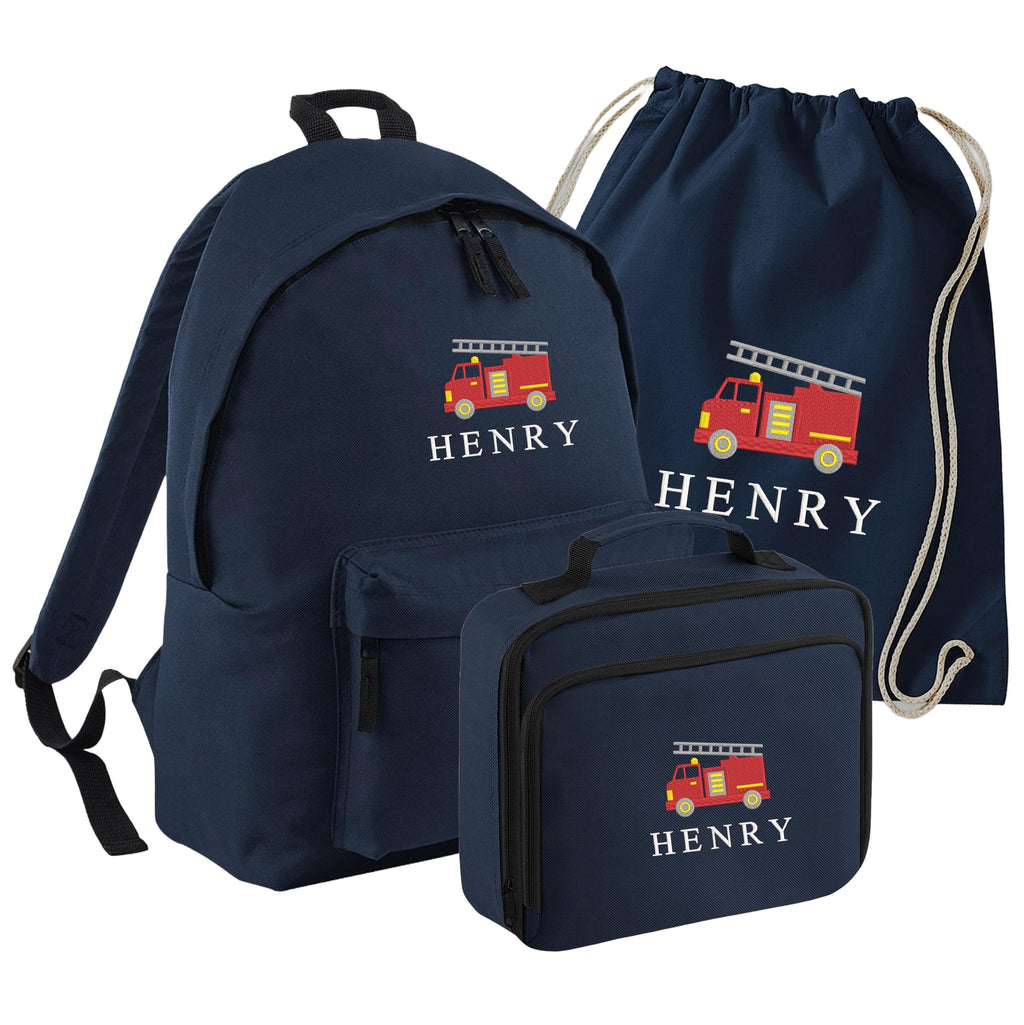 Embroidered Fire Engine Truck Kids Personalised Name Junior Backpack, Lunch Bag, PE Kit Gymsac Set Boys Navy School Rucksack Nursery Bag