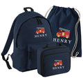 Embroidered Fire Engine Truck Kids Personalised Name Junior Backpack, Lunch Bag, PE Kit Gymsac Set Boys Navy School Rucksack Nursery Bag