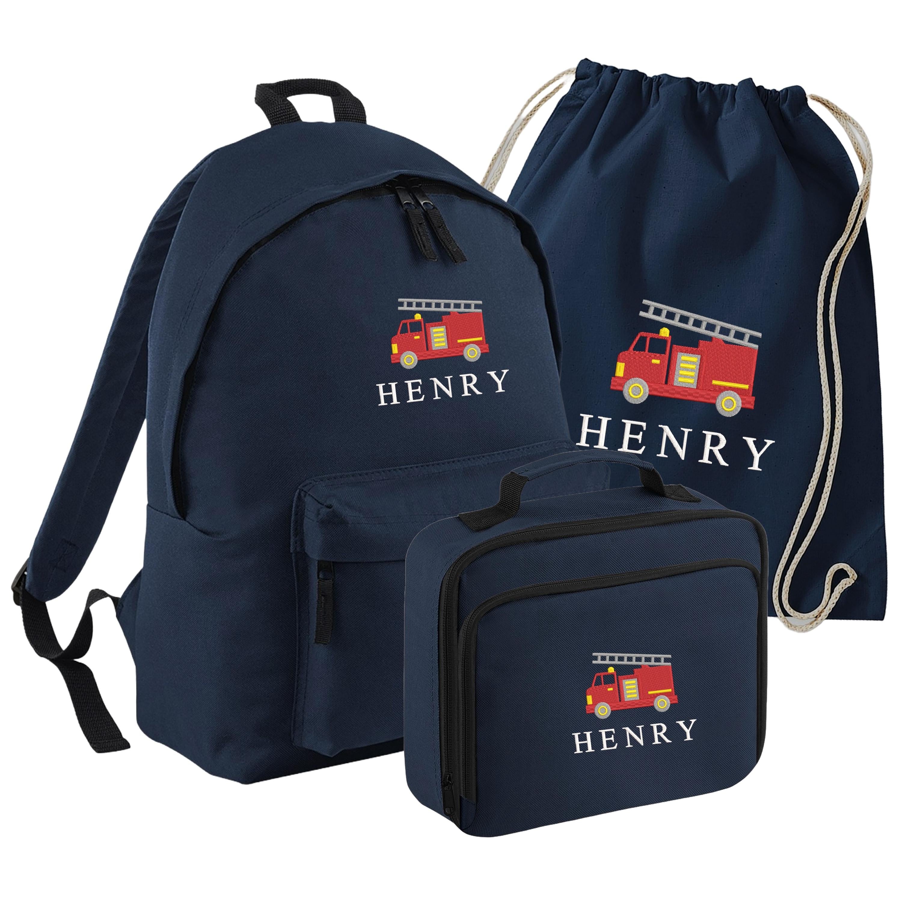 Embroidered Fire Engine Truck Kids Personalised Name Junior Backpack, Lunch Bag, PE Kit Gymsac Set Boys Navy School Rucksack Nursery Bag