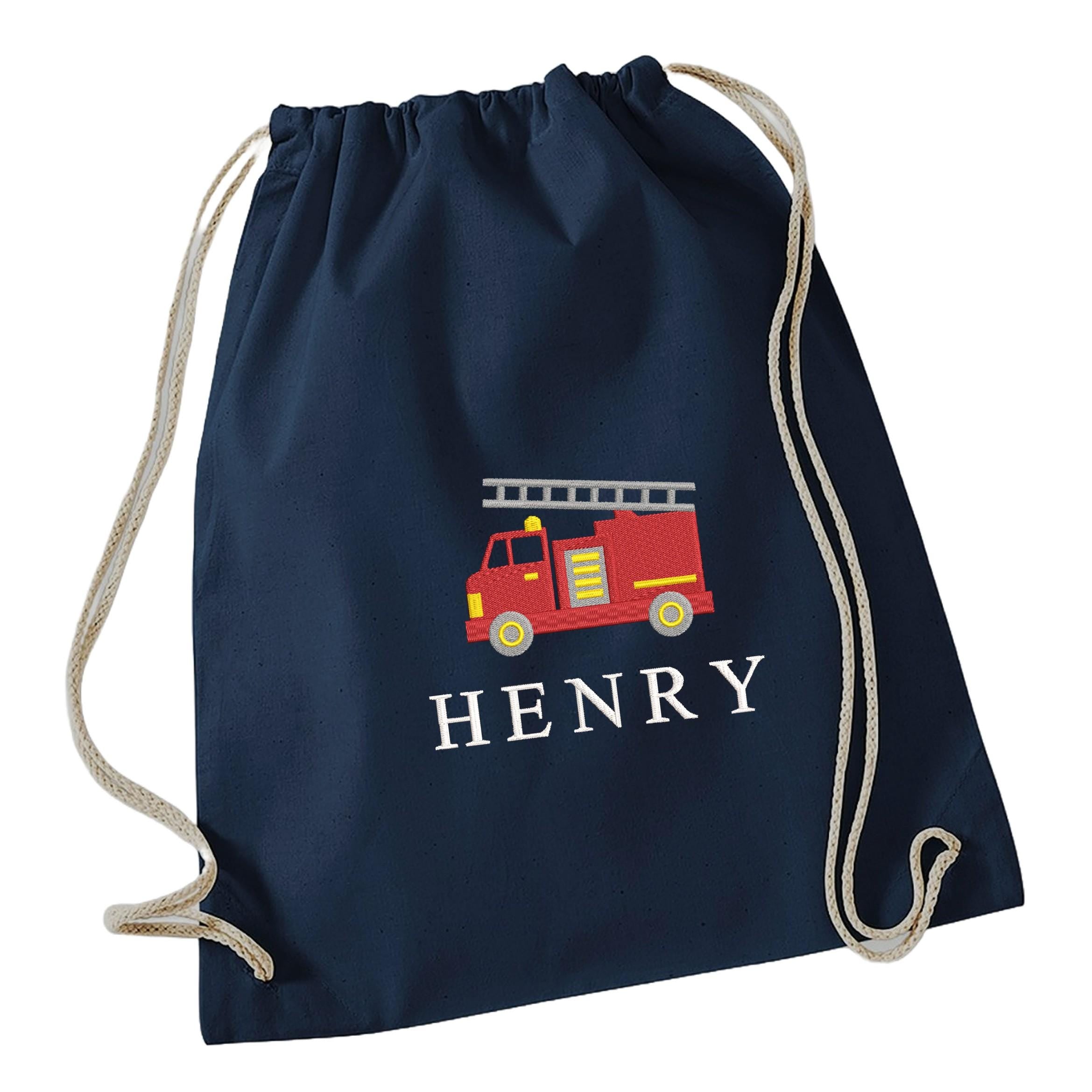 Embroidered Fire Engine Truck Boys Personalised Name Cotton Gymsac Custom Text School PE Bag Nursery Bag