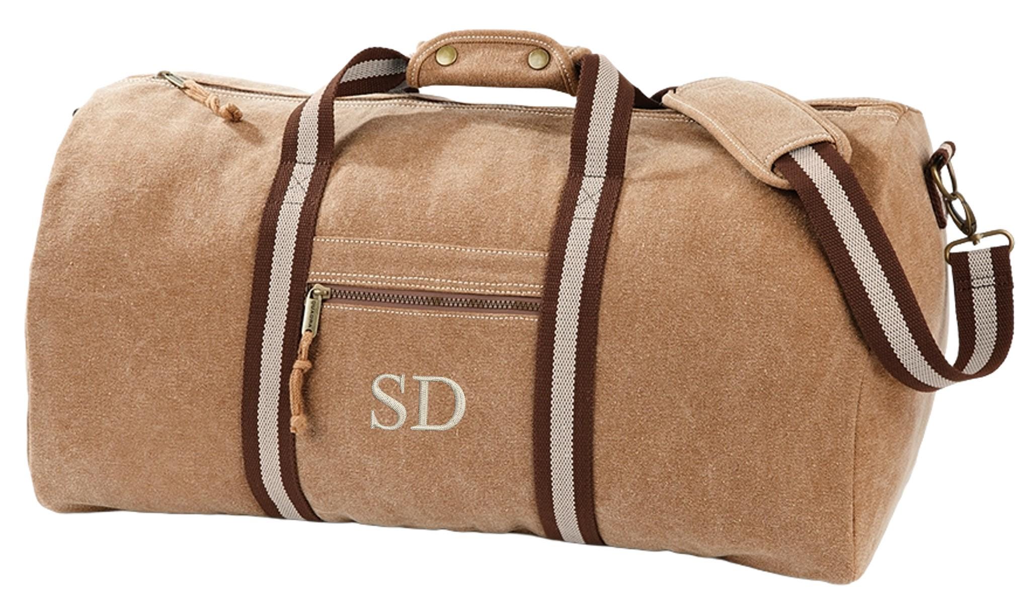 Embroidered Personalised Initials Monogram Vintage Canvas Holdall Weekend Overnighter Bag