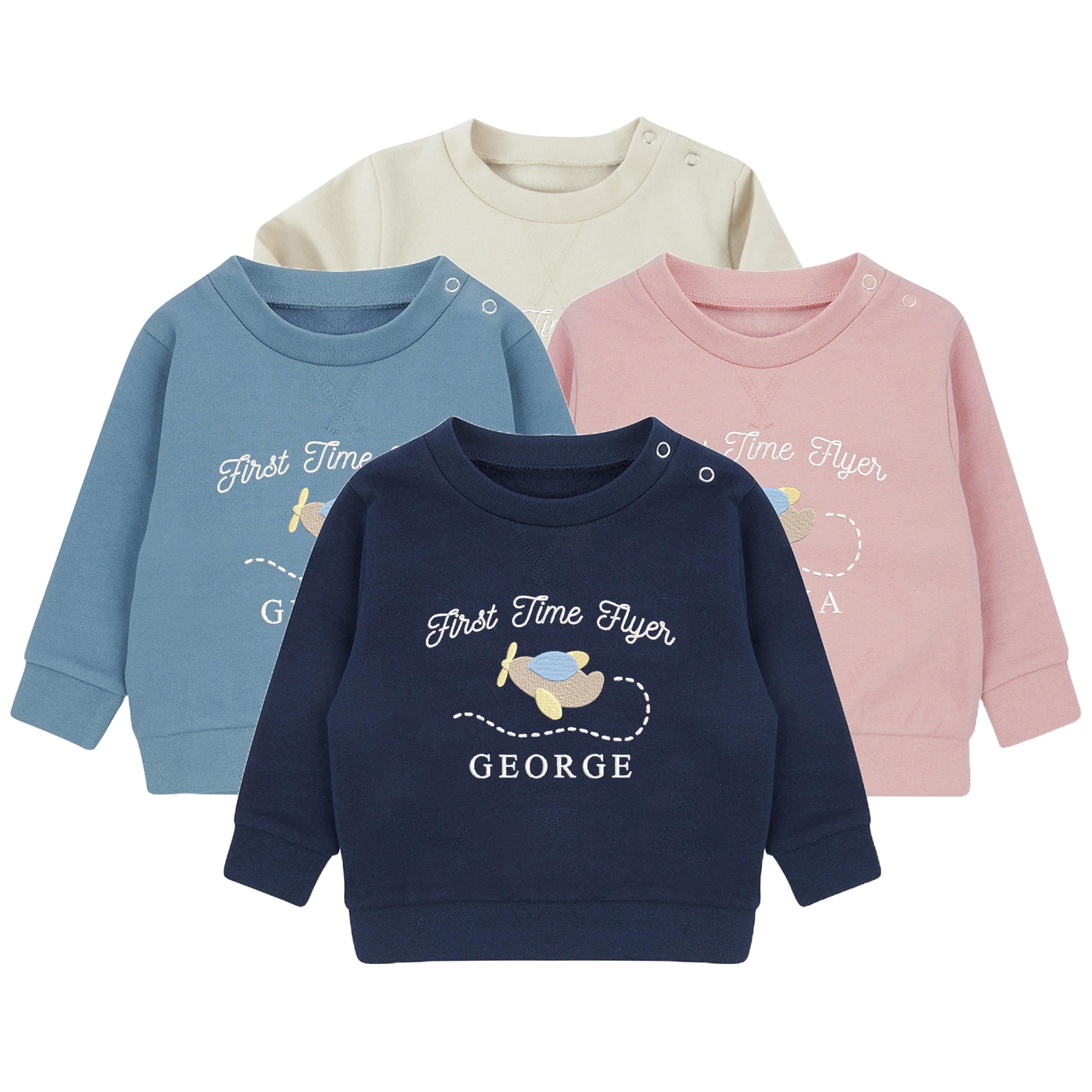 Embroidered Personalised Name First Time Flyer Sustainable Sweatshirts Boys Girls Toddler Kids 1st Holiday Jumper