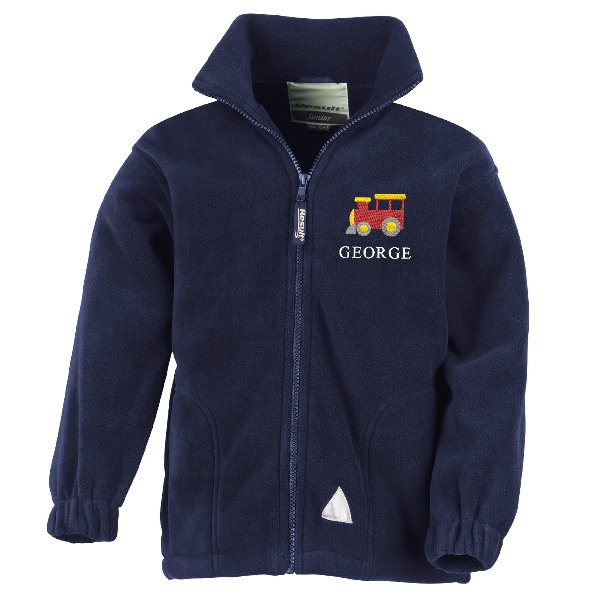 Embroidered Train Personalised Name Boys Fleece Jacket Navy Kids Custom Text Coat