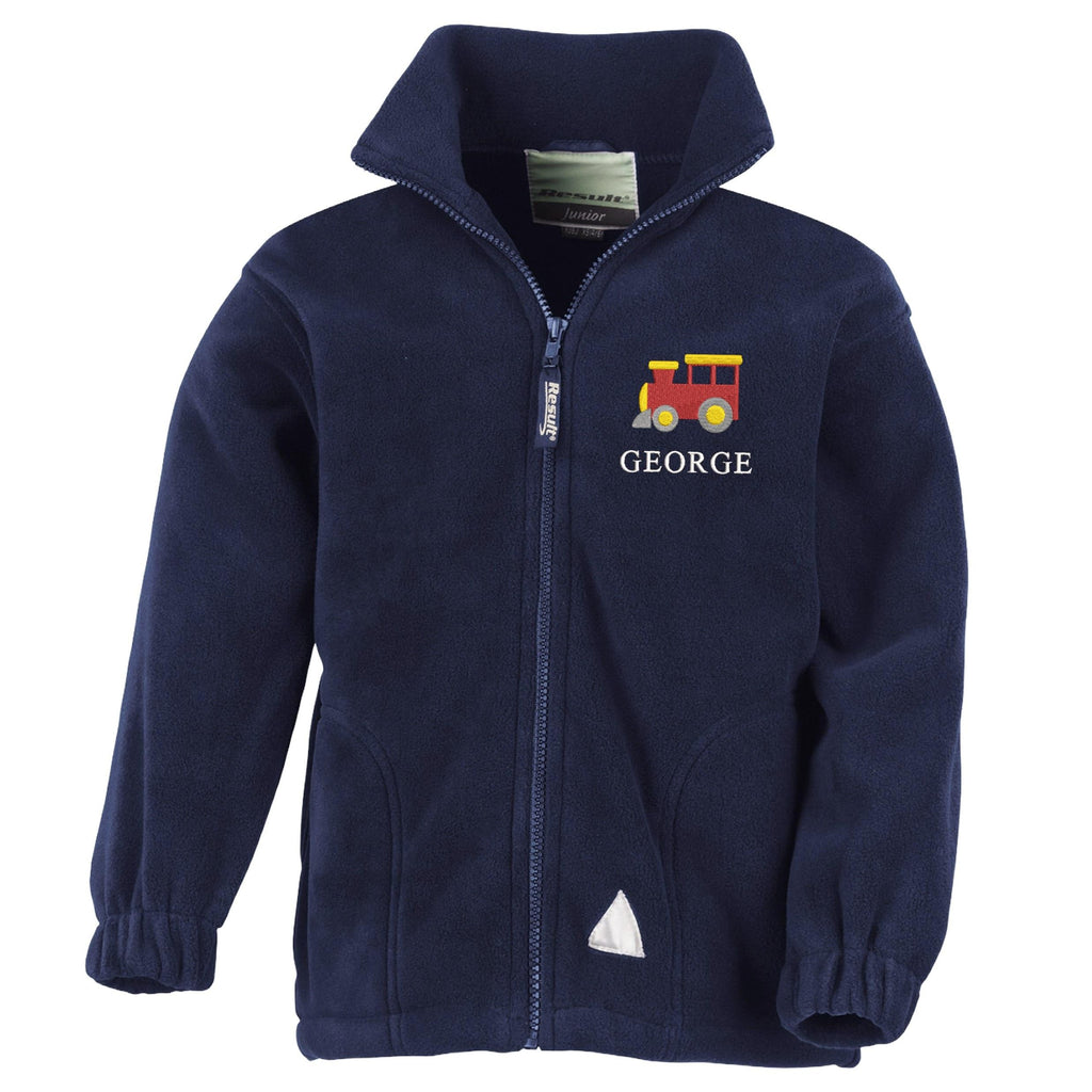 Embroidered Train Personalised Name Boys Fleece Jacket Navy Kids Custom Text Coat