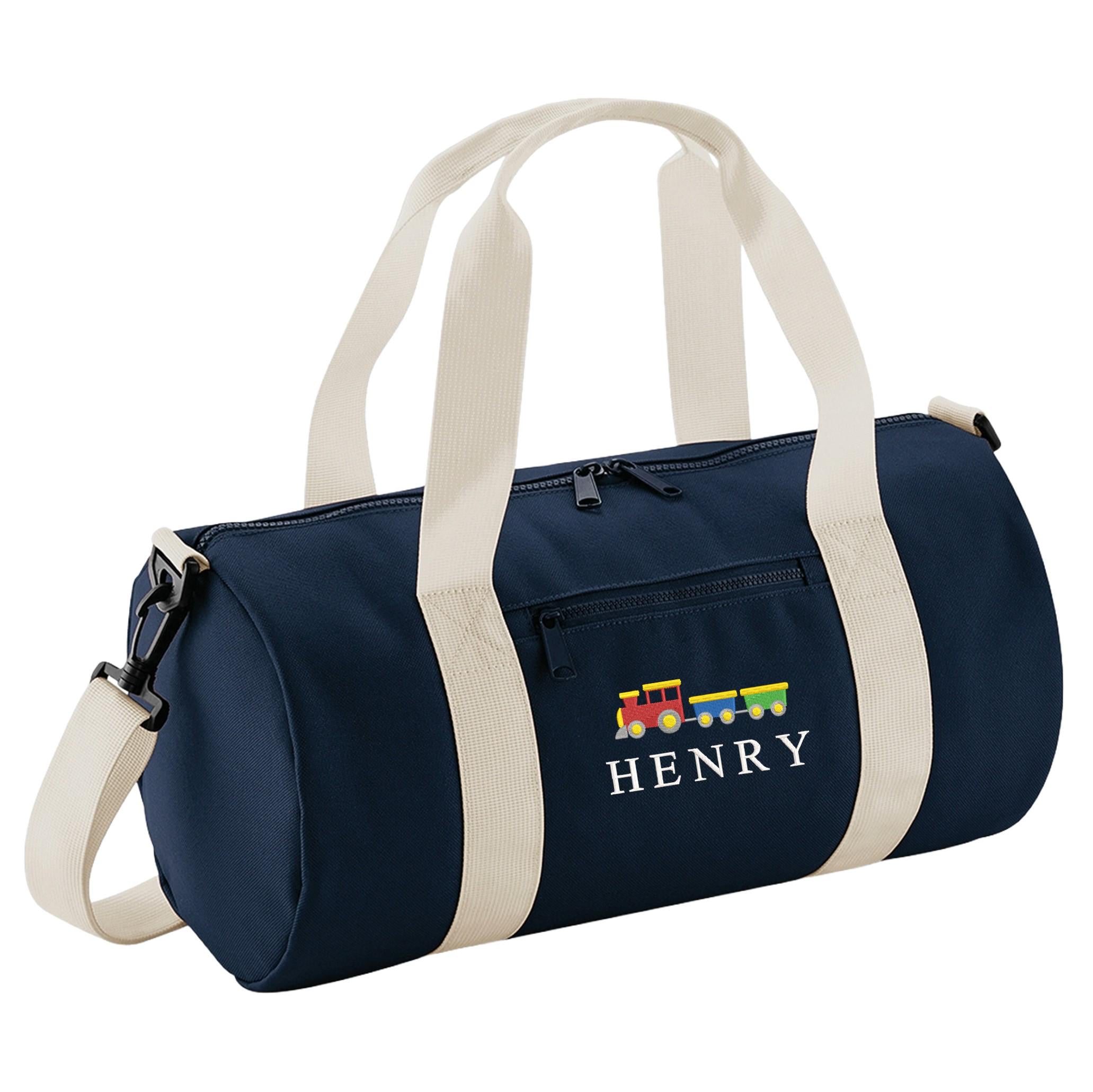 Embroidered Kids Train Personalised Name Mini Barrel Bag Boys Custom School Nursery Holdall Bag