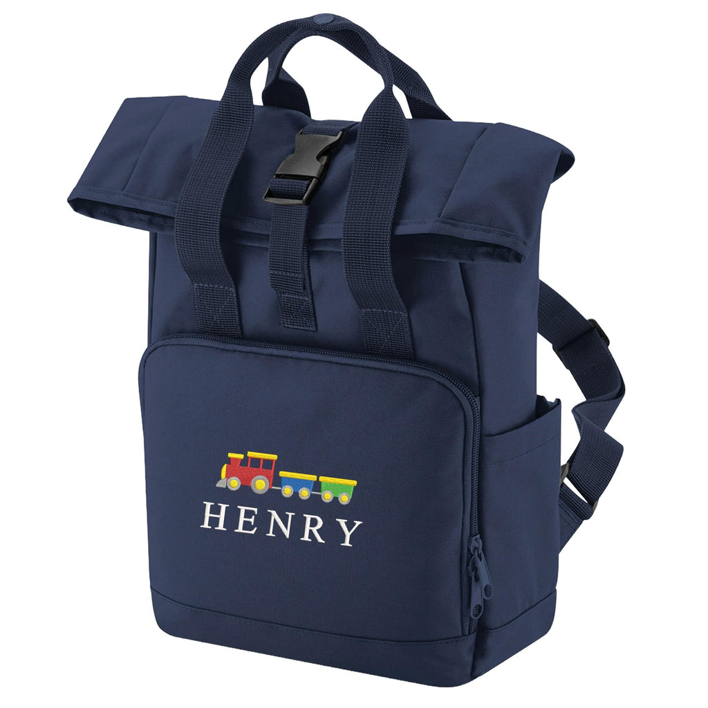Embroidered Kids Train Personalised Name Mini Roll Top Backpack Boys Custom School Rucksack Nursery Bag