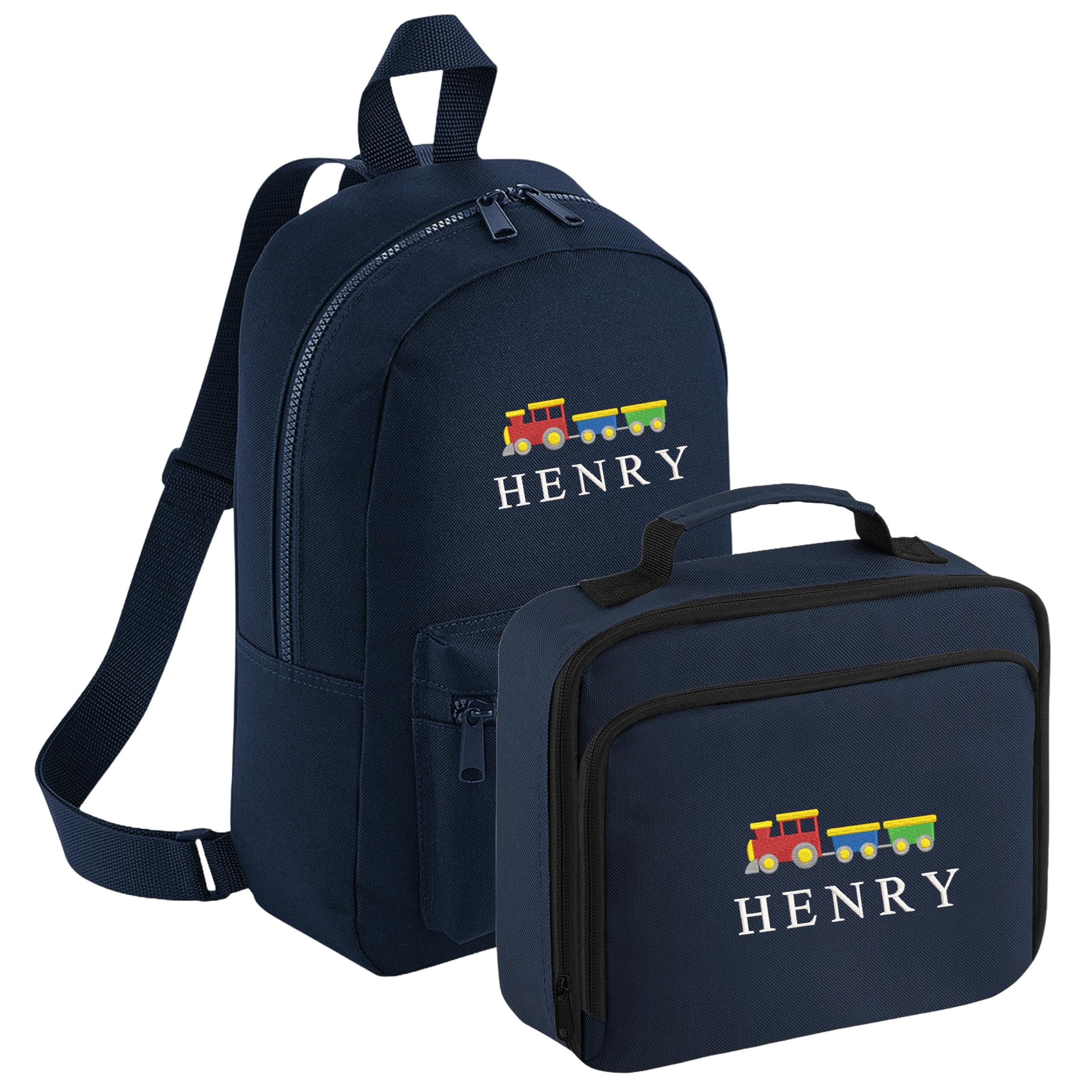 Embroidered Train Kids Personalised Name Backpack & Lunch Bag Set Boys Navy Custom School Rucksack Nursery Bag