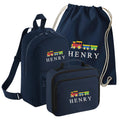 Embroidered Train Kids Personalised Name Backpack, Lunch Bag, PE Kit Gymsac Set Boys Navy Custom School Rucksack Nursery Bag