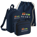 Embroidered Train Kids Personalised Name Backpack, Lunch Bag, PE Kit Gymsac Set Boys Navy Custom School Rucksack Nursery Bag