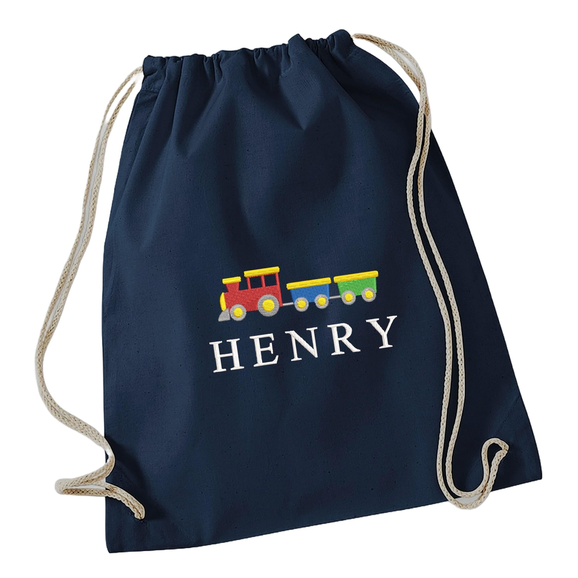 Embroidered Train Boys Personalised Name Cotton Gymsac Custom Text School PE Bag Nursery Bag