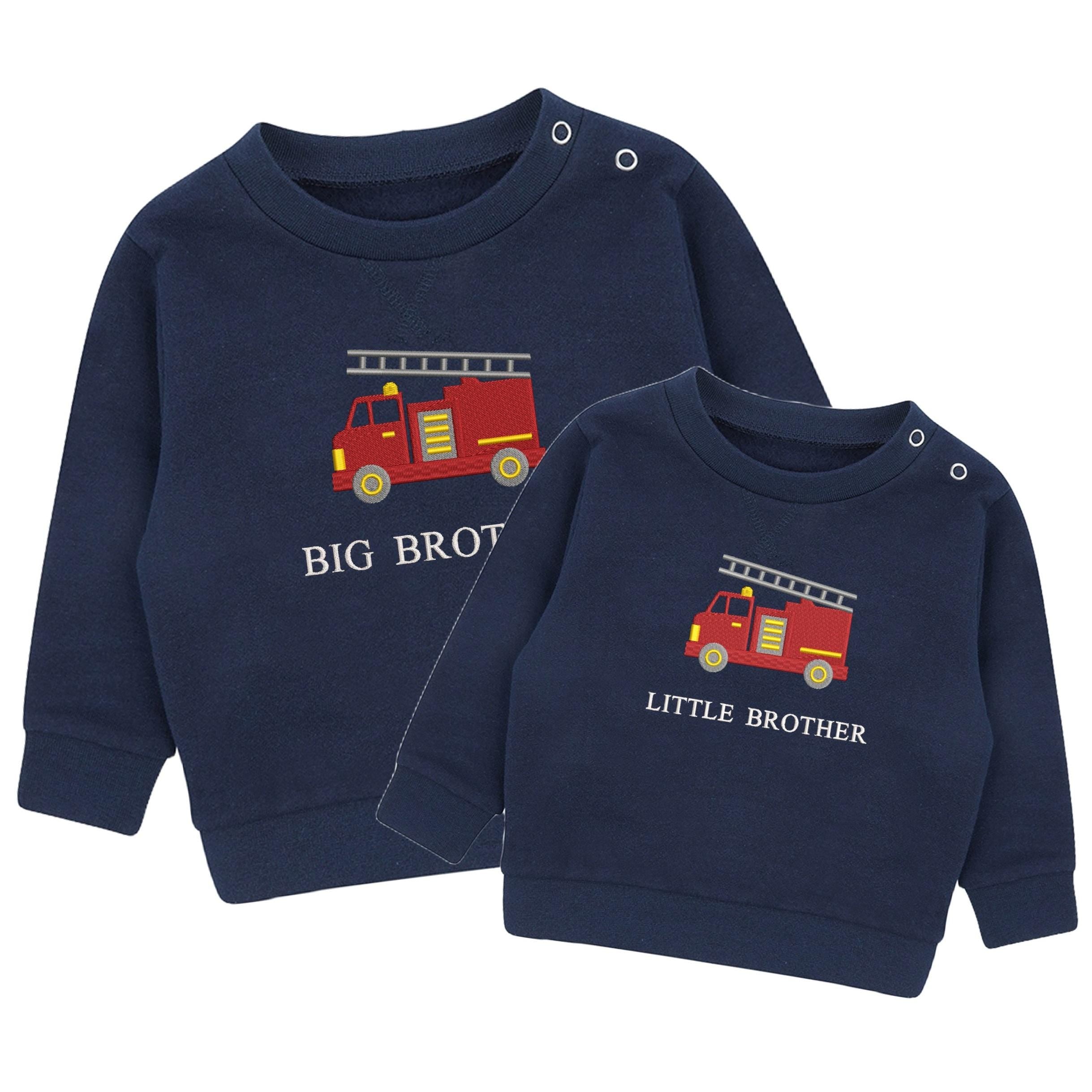 Embroidered Fire Engine Truck Big & Little Brother Boys Sustainable Sweatshirts Navy Toddler Kids New Matching Siblings