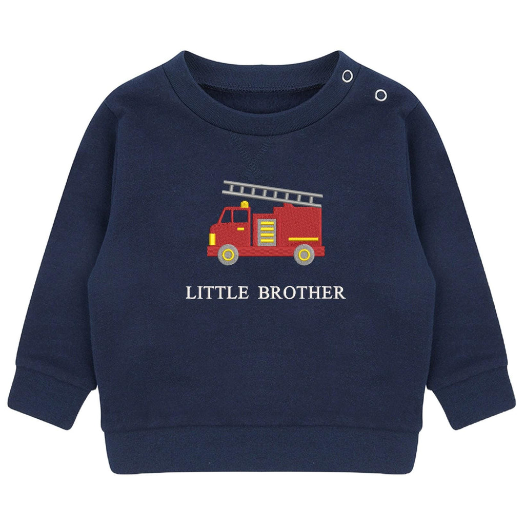 Embroidered Fire Engine Truck Big & Little Brother Boys Sustainable Sweatshirts Navy Toddler Kids New Matching Siblings
