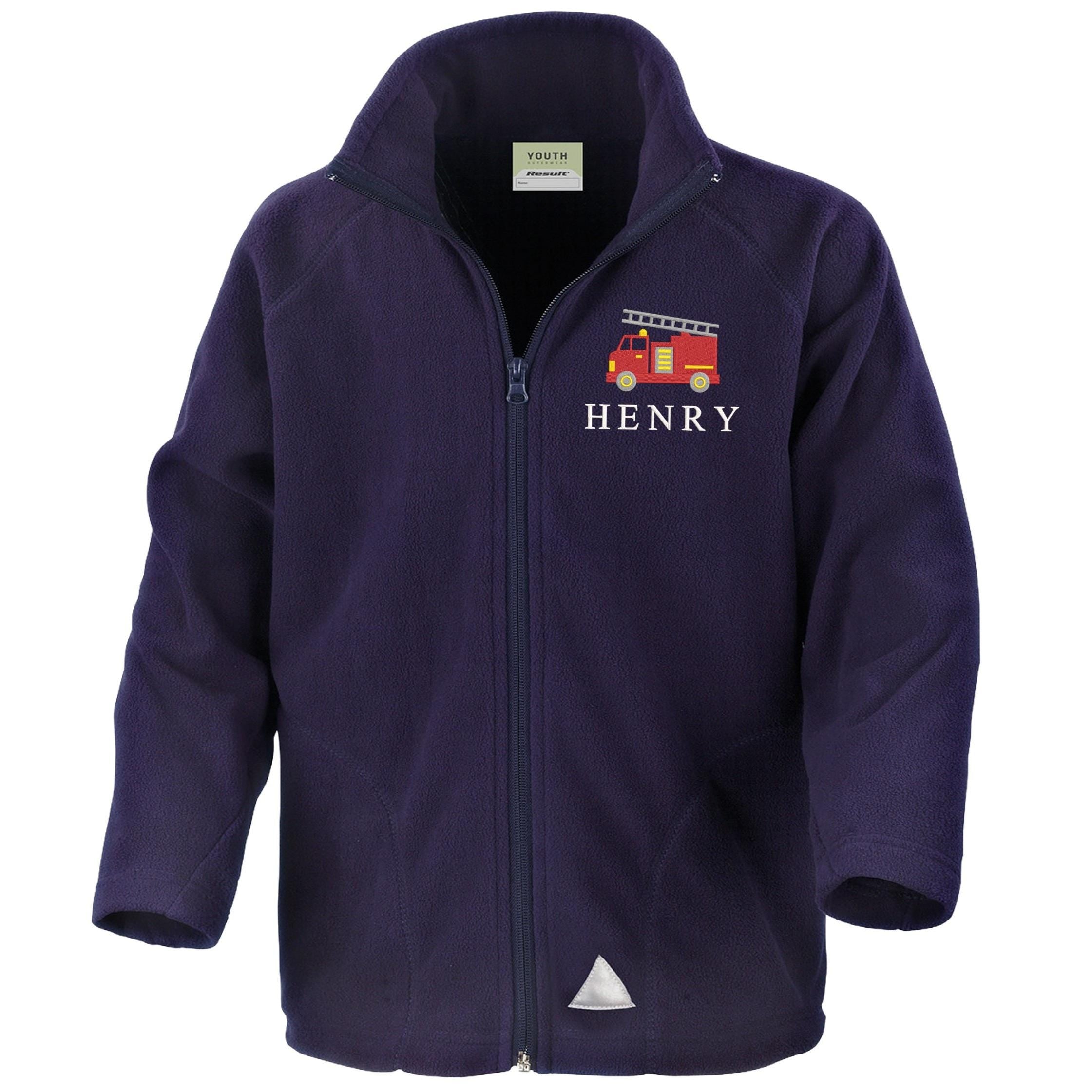 Embroidered Fire Engine Truck Personalised Name Boys Fleece Jacket Navy Kids Custom Text Coat