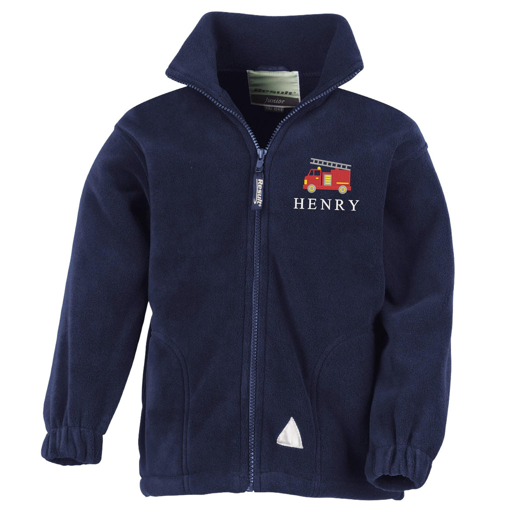 Embroidered Fire Engine Truck Personalised Name Boys Fleece Jacket Navy Kids Custom Text Coat