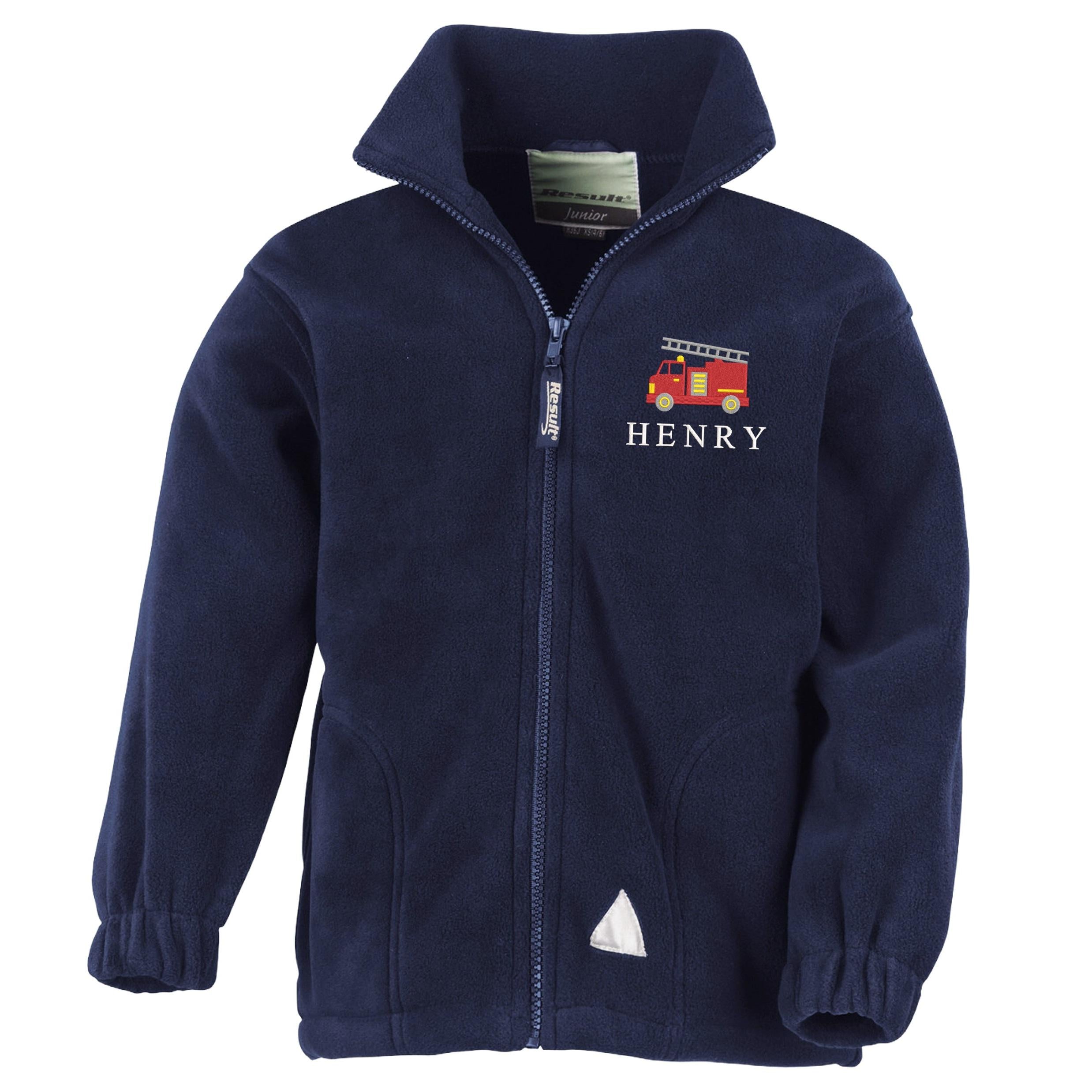 Embroidered Fire Engine Truck Personalised Name Boys Fleece Jacket Navy Kids Custom Text Coat
