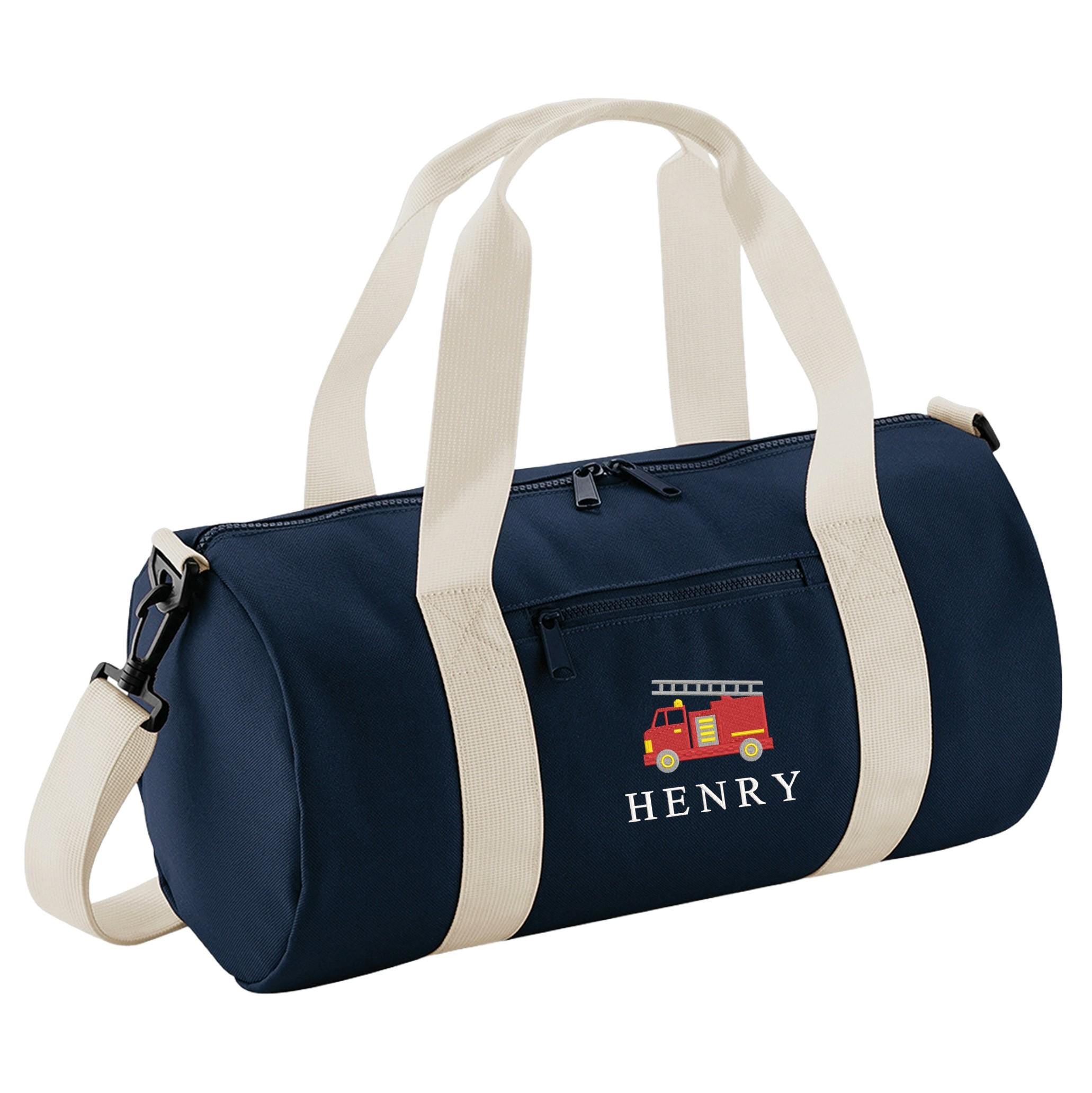 Embroidered Kids Fire Engine Truck Personalised Name Mini Barrel Bag Boys Custom School Nursery Holdall Bag