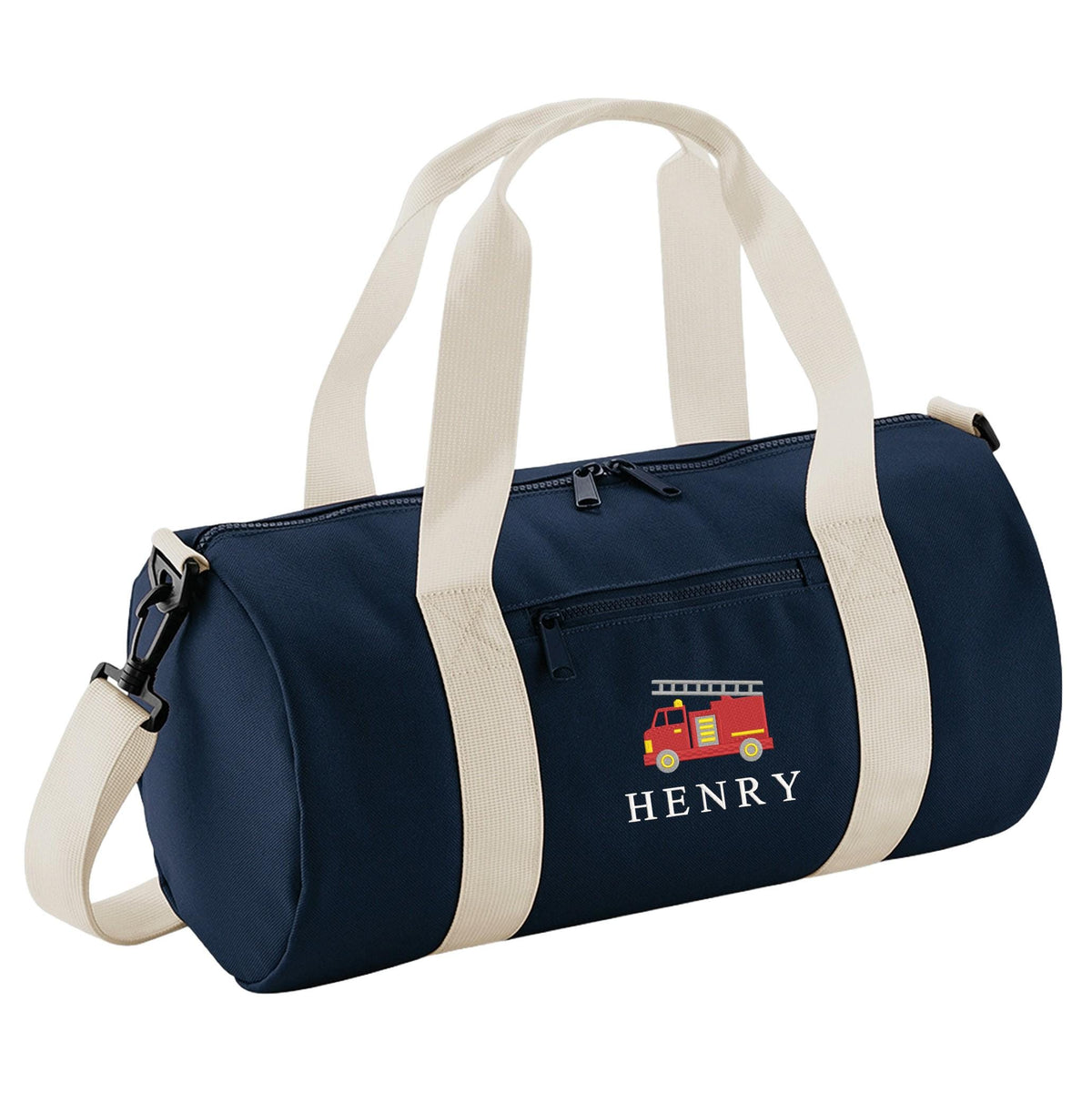 Embroidered Kids Fire Engine Truck Personalised Name Mini Barrel Bag Boys Custom School Nursery Holdall Bag