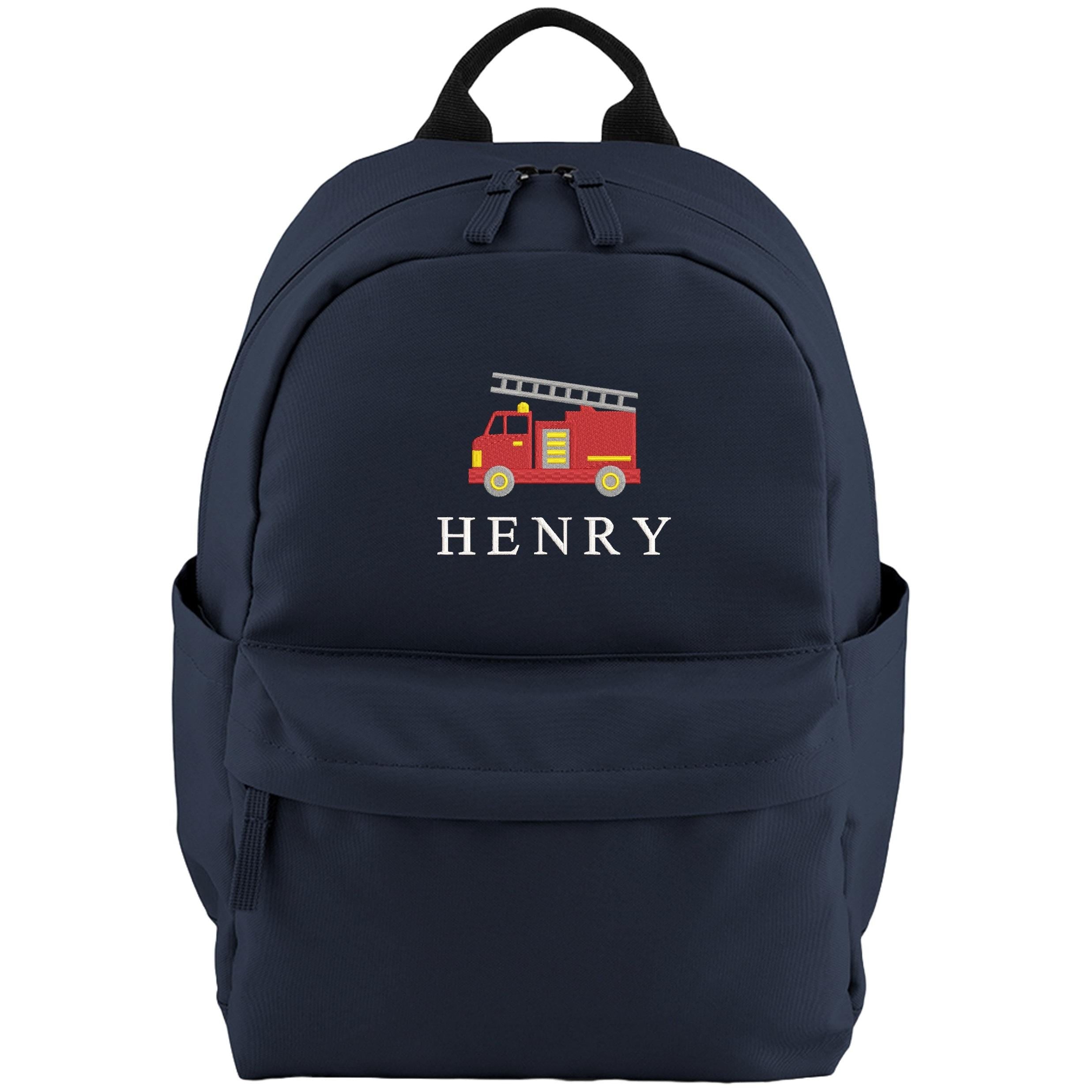 Embroidered Kids Fire Engine Truck Personalised Name Small Backpack Boys Custom School Rucksack Nursery Bag