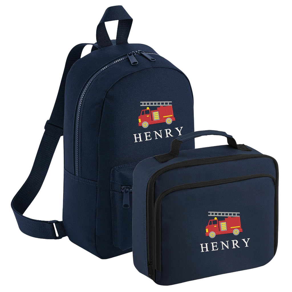 Embroidered Fire Engine Truck Kids Personalised Name Backpack & Lunch Bag Set Boys Navy Custom School Rucksack Nursery Bag