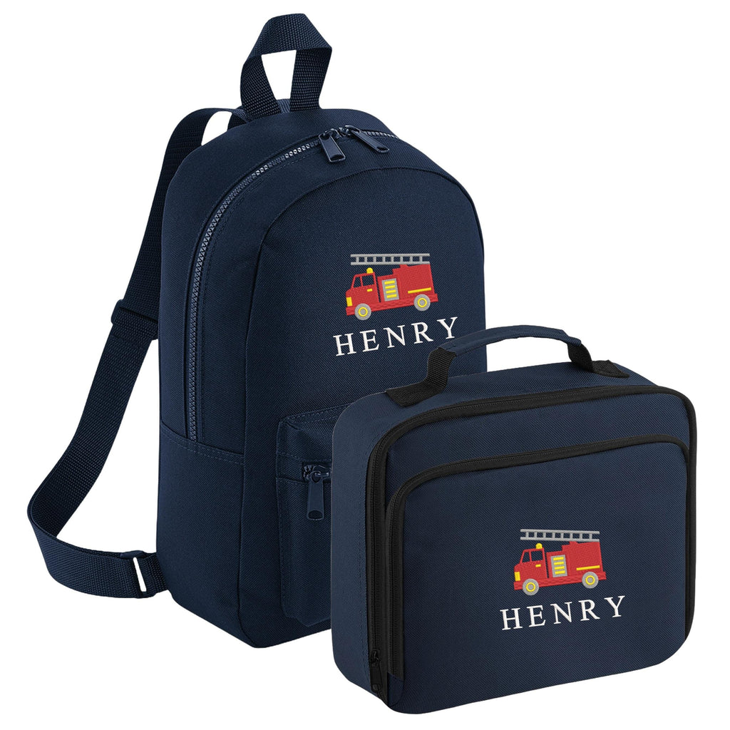 Embroidered Fire Engine Truck Kids Personalised Name Backpack & Lunch Bag Set Boys Navy Custom School Rucksack Nursery Bag