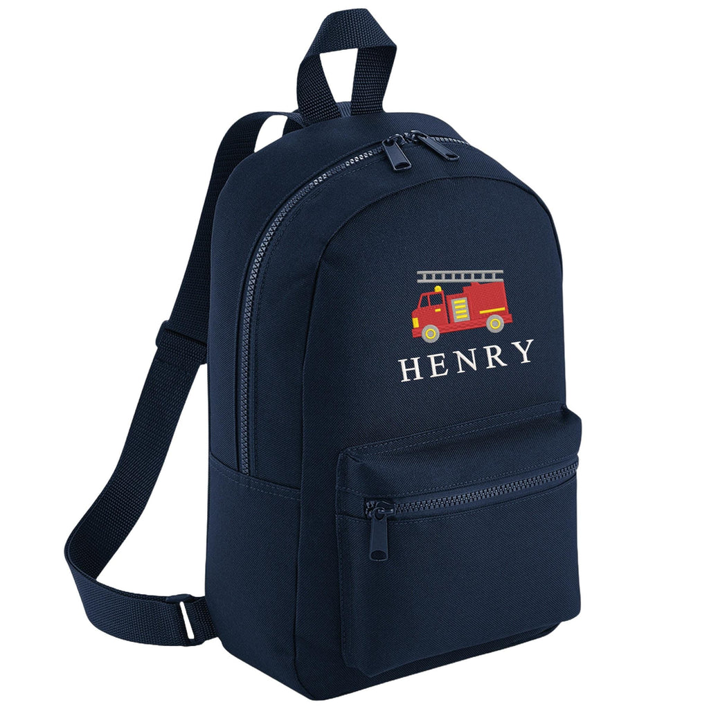 Embroidered Fire Engine Truck Kids Personalised Name Backpack, Lunch Bag, PE Kit Gymsac Set Boys Navy Custom School Rucksack Nursery Bag