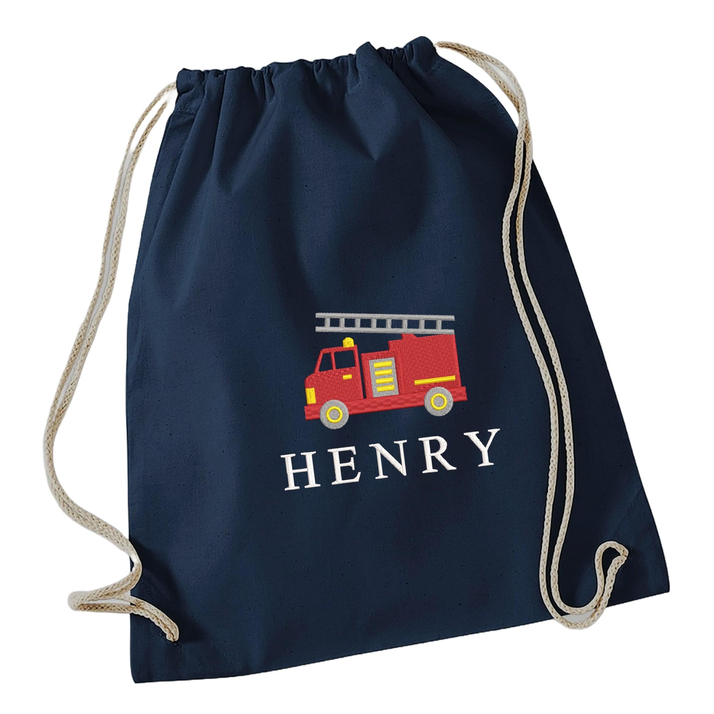 Embroidered Fire Engine Truck Kids Personalised Name Junior Backpack, Lunch Bag, PE Kit Gymsac Set Boys Navy School Rucksack Nursery Bag