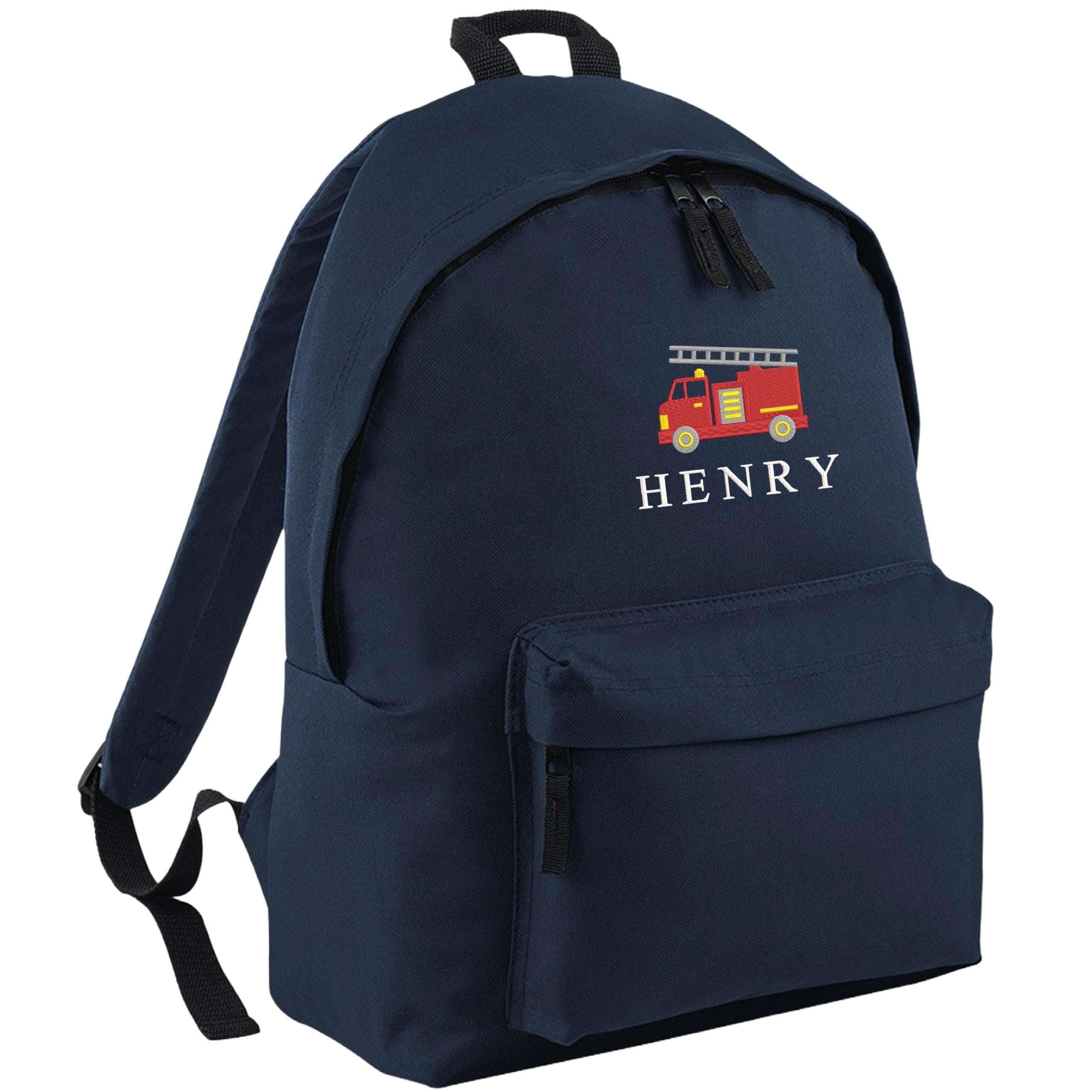 Embroidered Fire Engine Truck Kids Personalised Name Junior Backpack, Lunch Bag, PE Kit Gymsac Set Boys Navy School Rucksack Nursery Bag