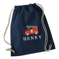 Embroidered Fire Engine Truck Boys Personalised Name Cotton Gymsac Custom Text School PE Bag Nursery Bag