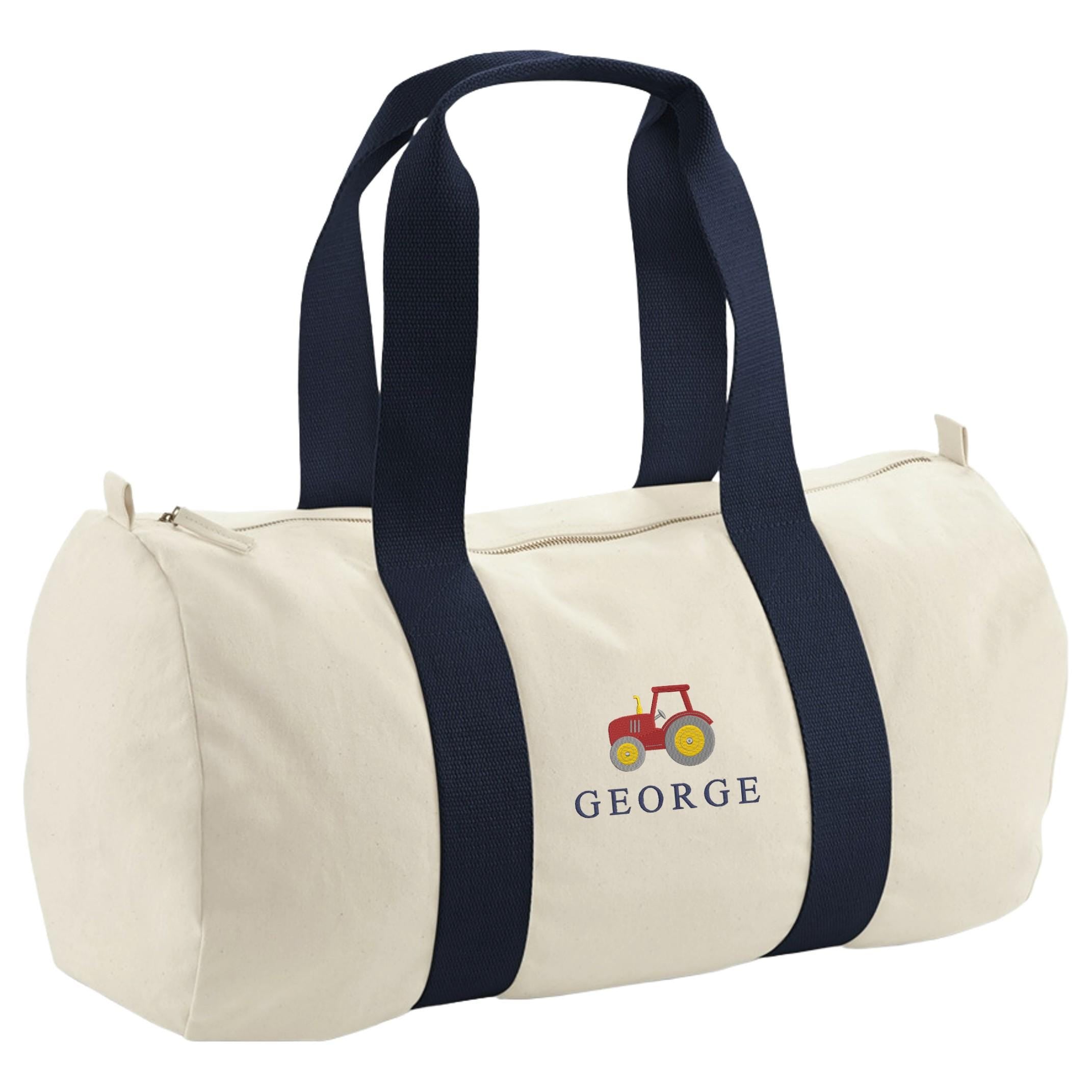 Embroidered Tractor Personalised Name Organic Cotton Barrel Bag Boys Navy Custom Holdall