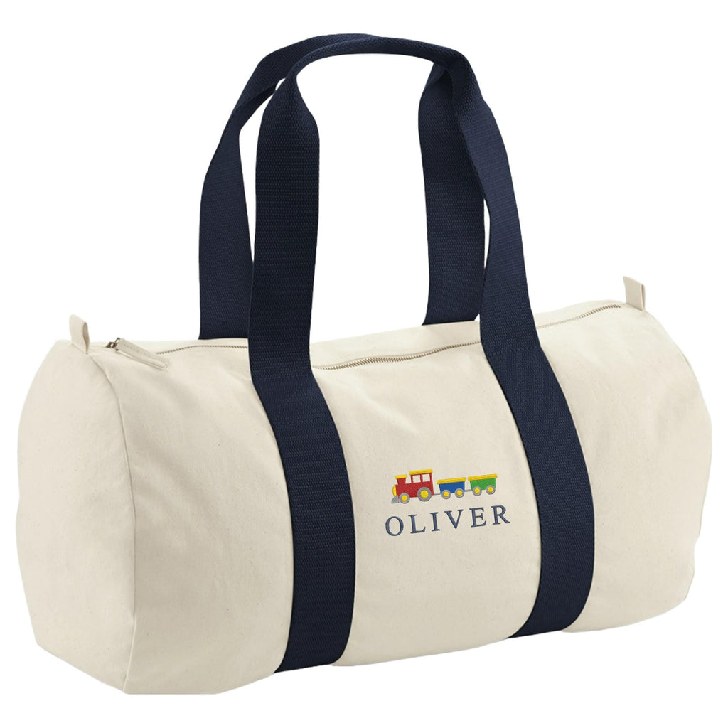Embroidered Train Personalised Name Organic Cotton Barrel Bag Boys Navy Custom Holdall