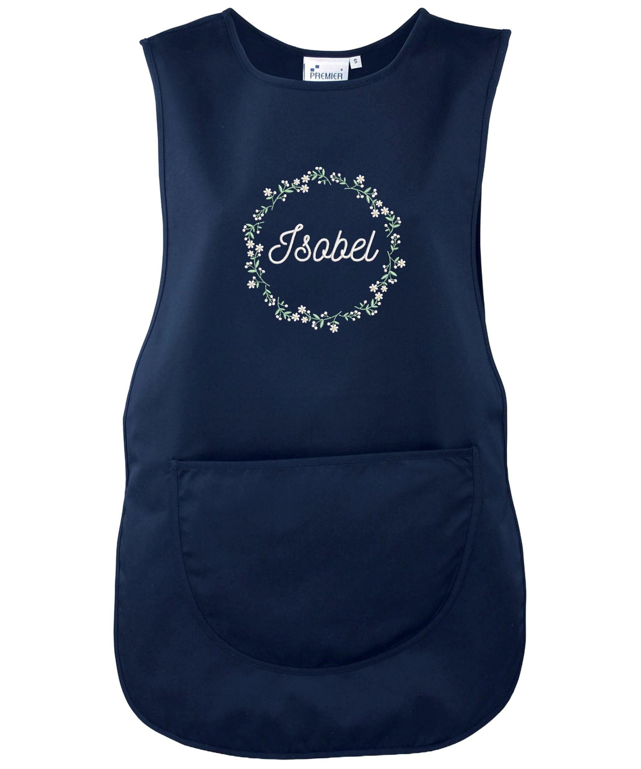 Embroidered Ladies Personalised Text Tabard Apron Floral Wreath Custom Cleaner Hairdresser Beautician Uniform