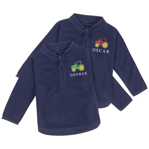 Embroidered Baby & Toddler Tractor Personalised Name Boys Fleece Jacket Navy Kids Custom Text Farm Coat