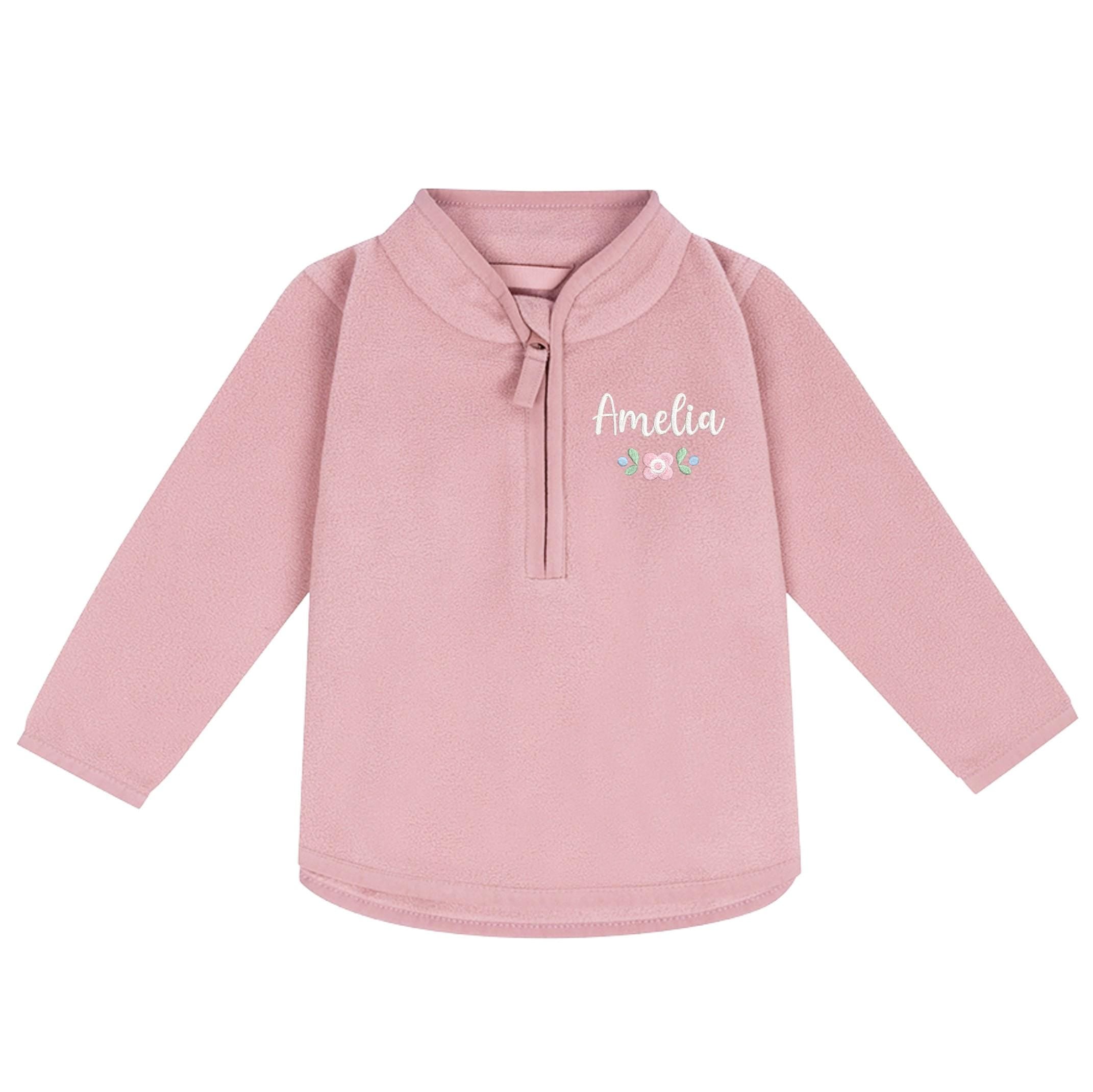 Embroidered Baby & Toddler Personalised Flower Name Fleece Jacket Pink Girls Custom Text