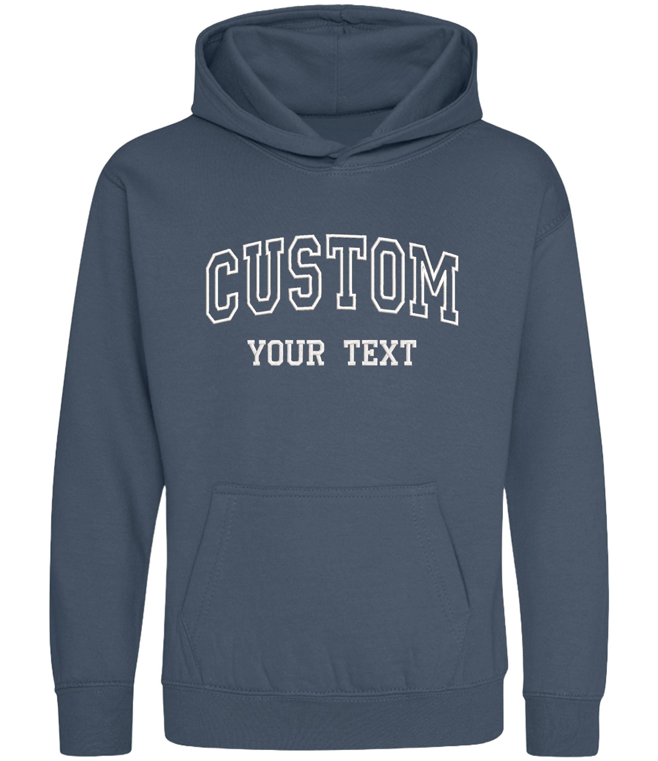 Embroidered Personalised College Varsity Text Hoodie (Kids & Adults Sizes) Custom Name Your Design Girls Boys Ladies Mens