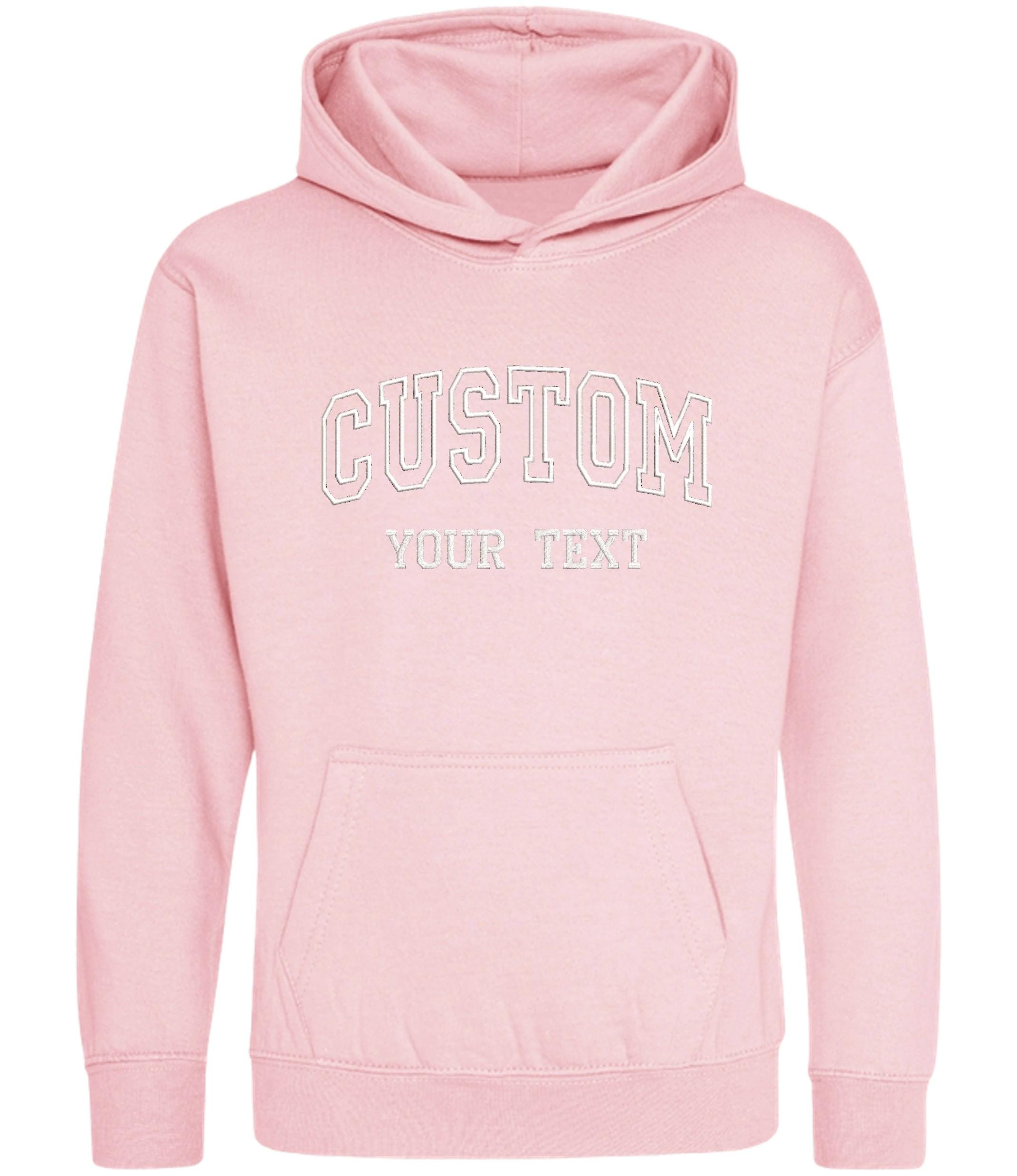 Embroidered Personalised College Varsity Text Hoodie (Kids & Adults Sizes) Custom Name Your Design Girls Boys Ladies Mens